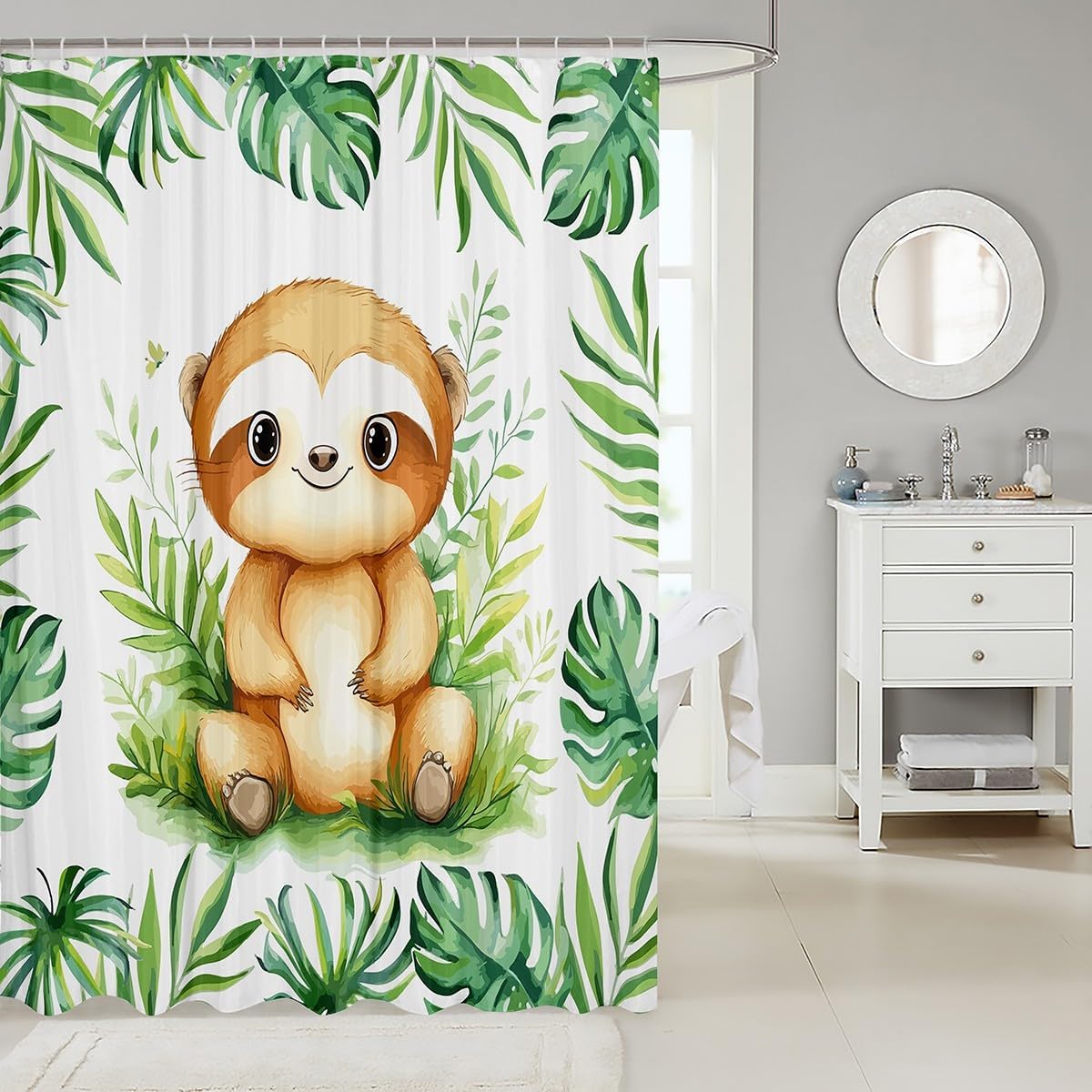 Manfei Kawaii Sloth - Tropical Leaves Plant Bath Curtain Set for Home Travel