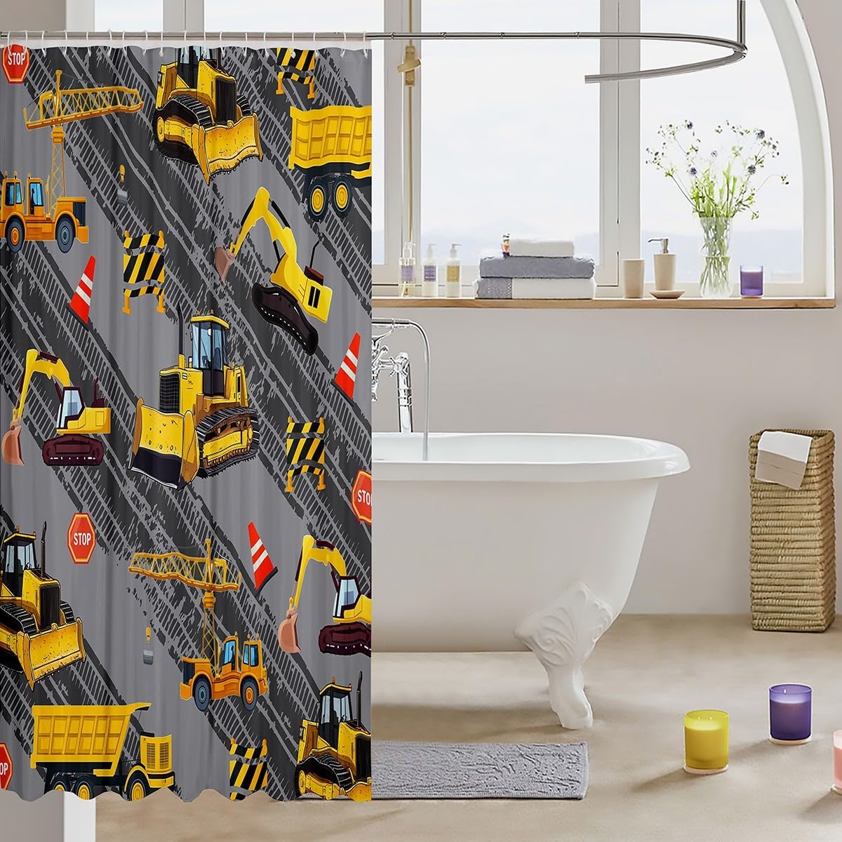 Waterproof 72x78 Cartoon Excavator Shower Curtain