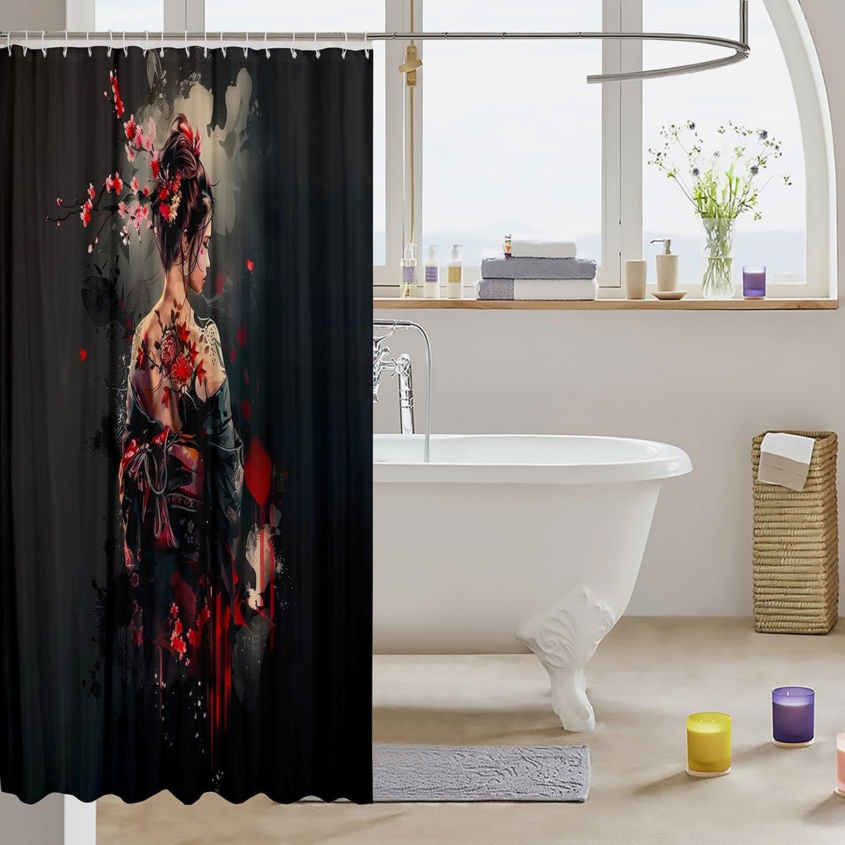 Japanese Geisha Shower Curtain Red Cherry Blossoms 72x72 for Kids
