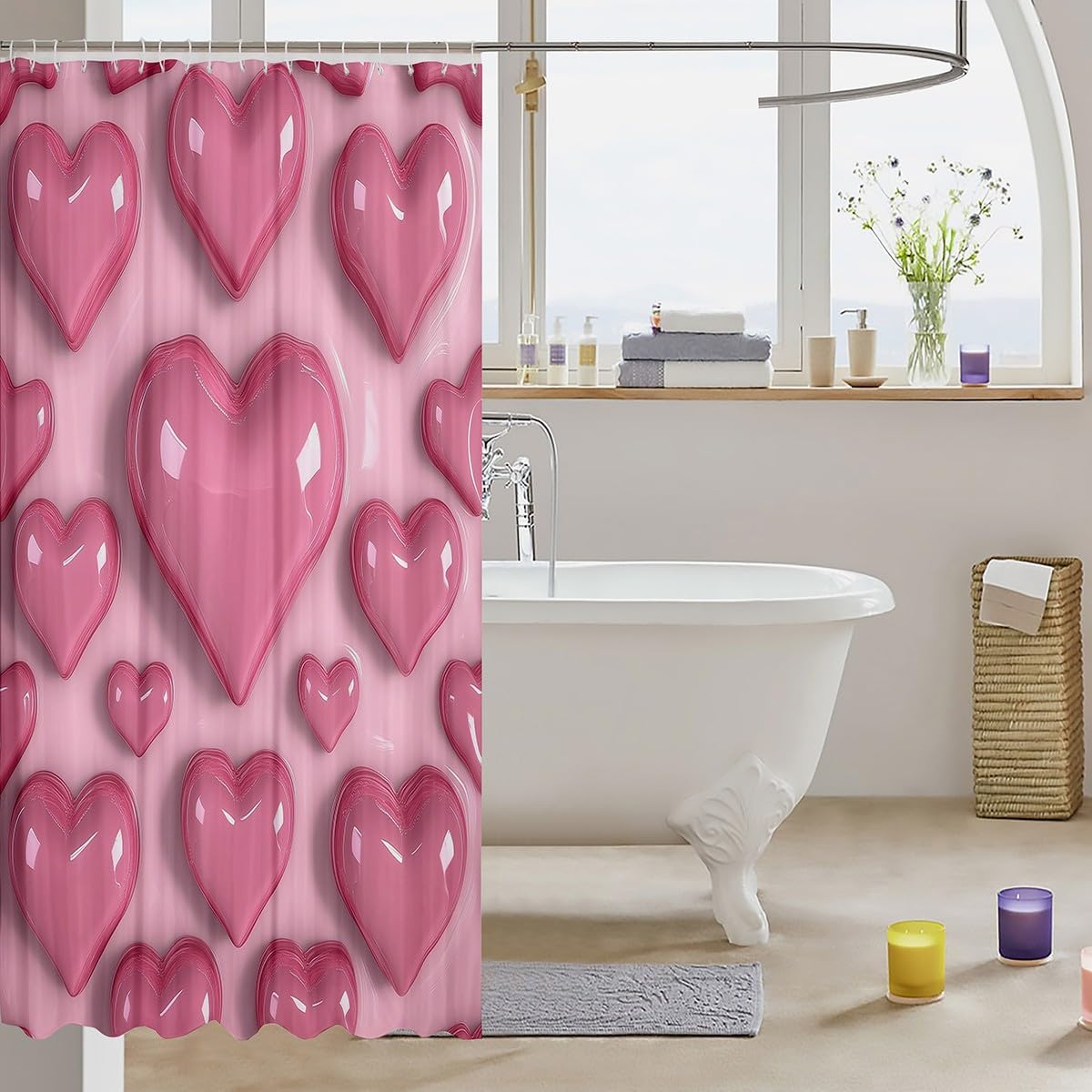 Manfei Valentines Day Bath Curtains Heart Themed 72Wx72L-inch Set with 12 Clips