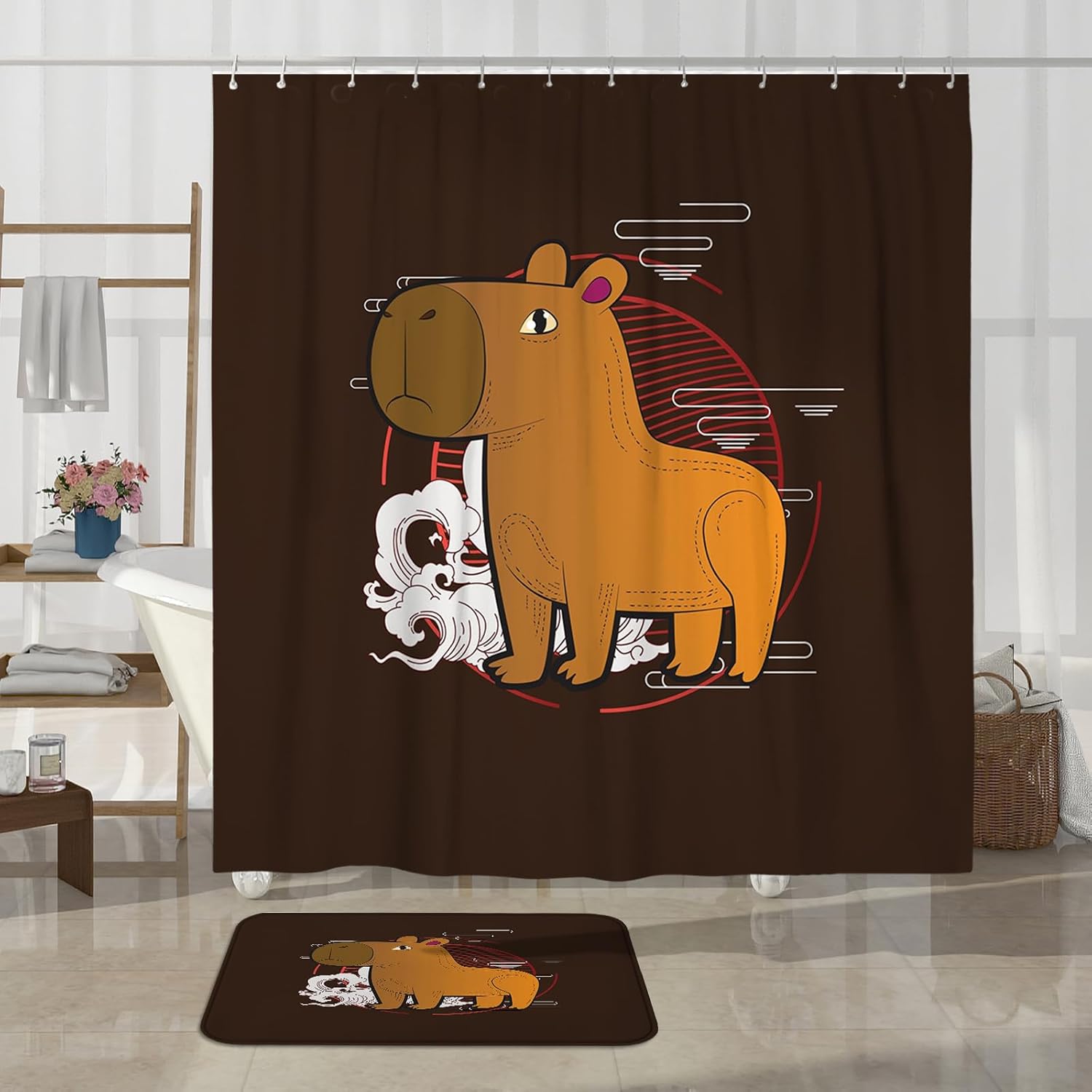 4PCS Brown Cartoon Fun Capybara Shower Curtain Sets