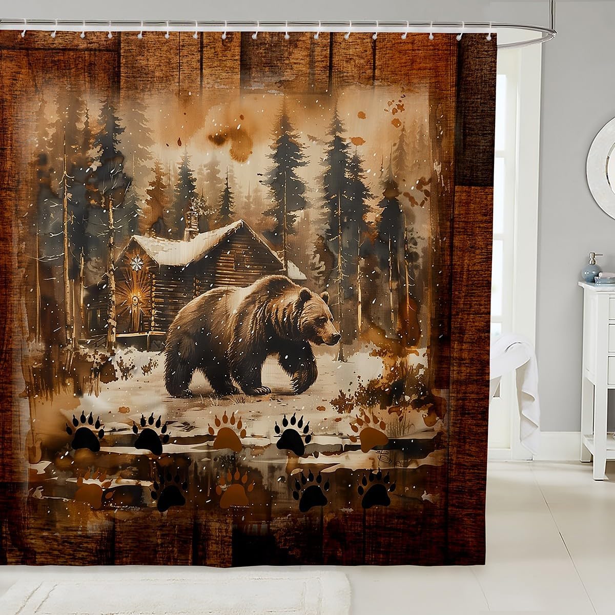 Matching Set Rustic Bear Bath Curtain Kids Bruins 72x72 Durable Microfiber