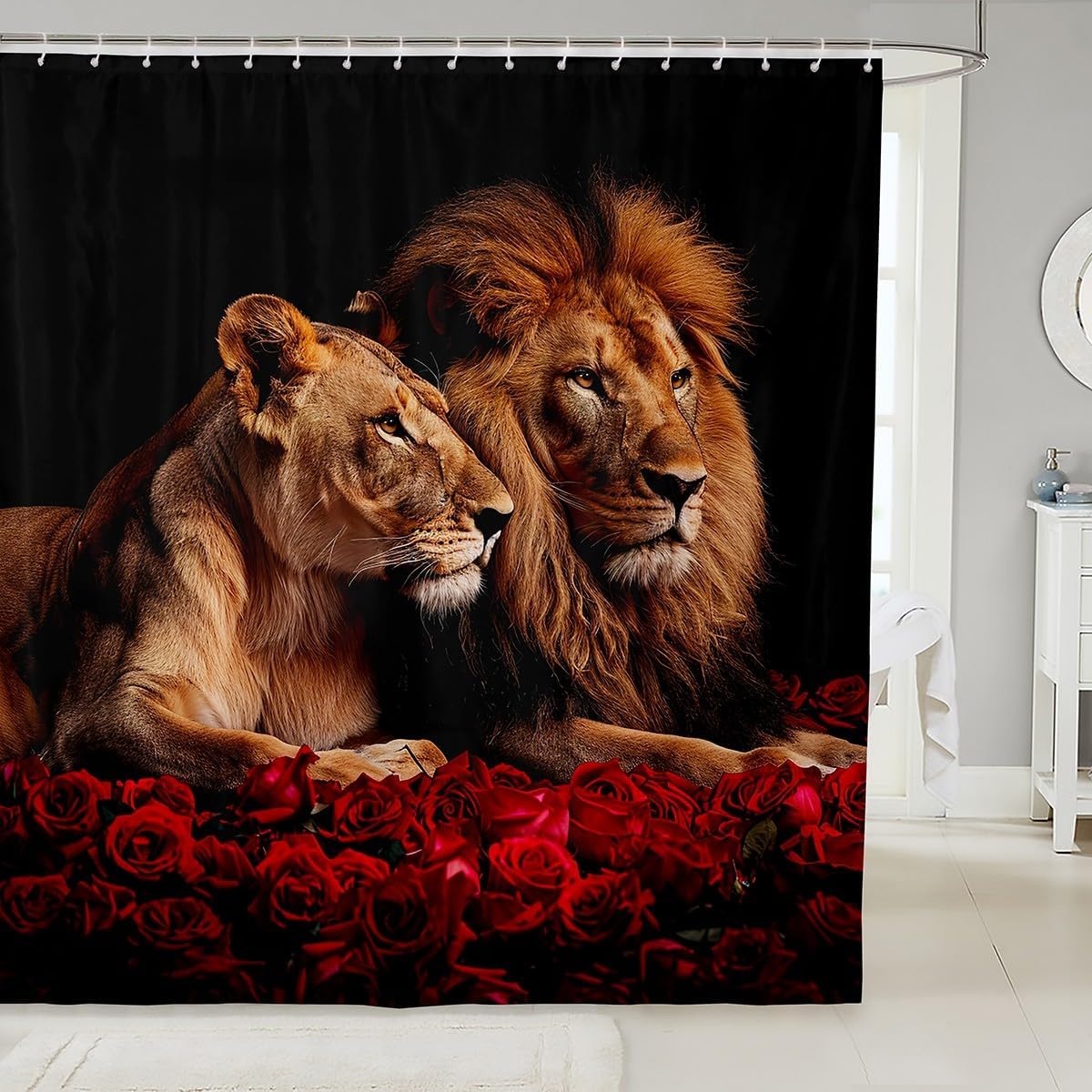 Manfei Lion Couples Shower Curtain 72x84-Inch waterproof bathroom curtain with 12 hooks