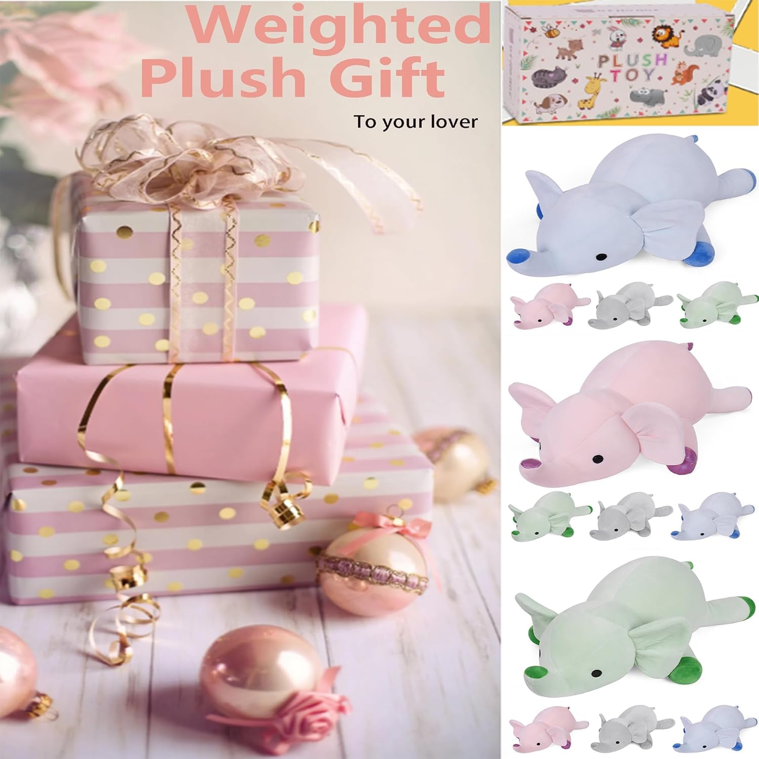 24 Blue Elephant Weighted Plush Toy - Hug Companion for Kids Adults