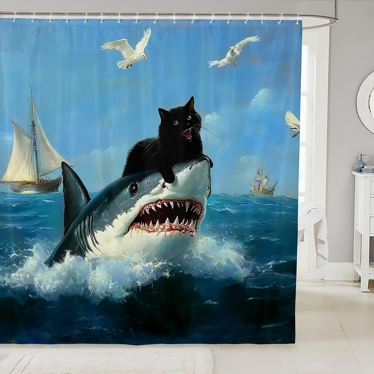 Funny Black Cat Shark Shower Curtain Set 72x78