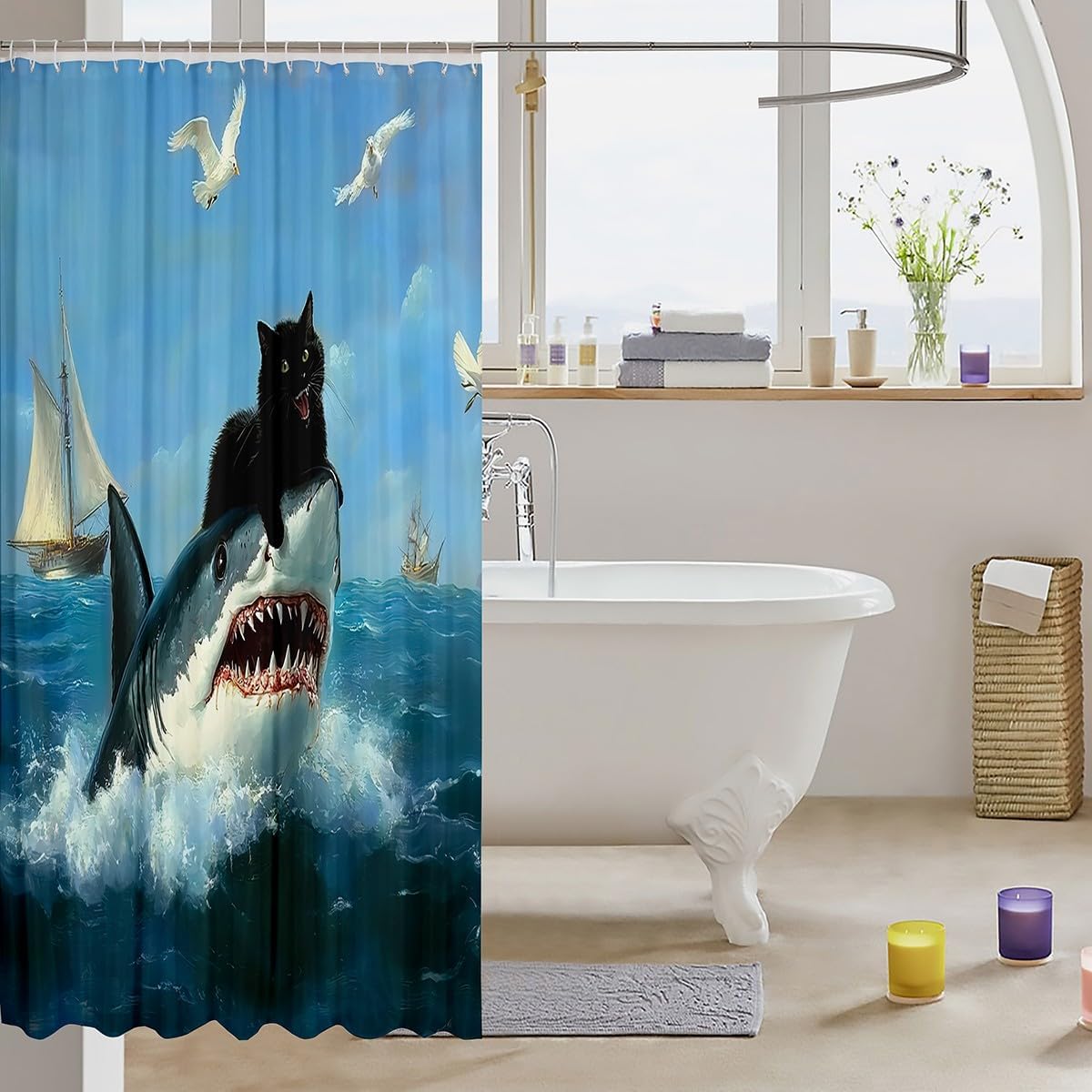 Funny Black Cat Shark Shower Curtain Set 72x78