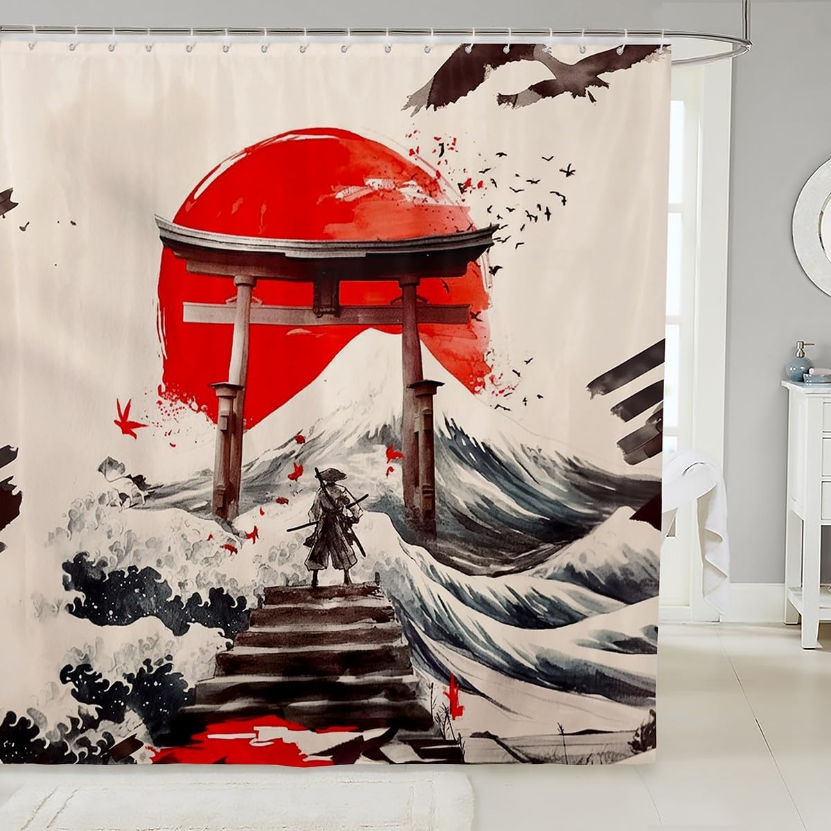 Jejeloiu Japanese Traditional Pattern Samurai Bath Curtain 72x78 inches