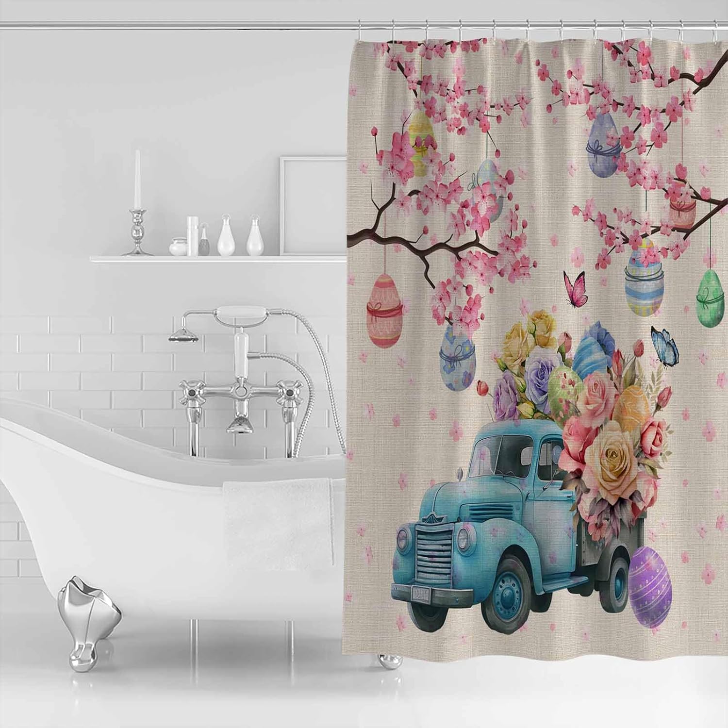 ZOE GARDEN Blue Easter Truck 36x72 Bath Shower Curtain with Hook