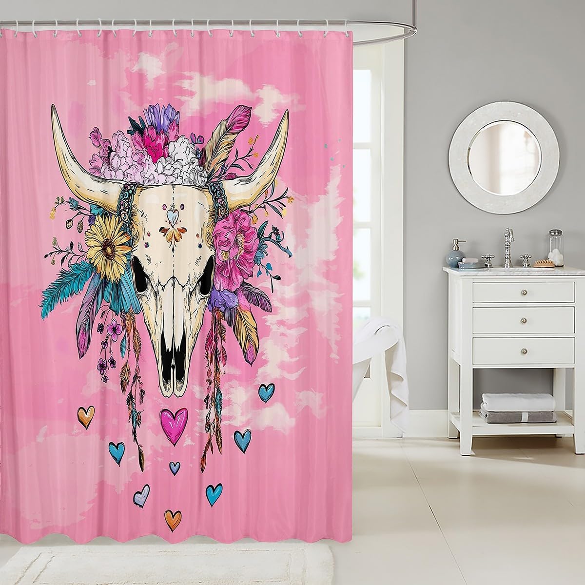Feelyou Pink Boho Skull Bath Curtain Set for Kids