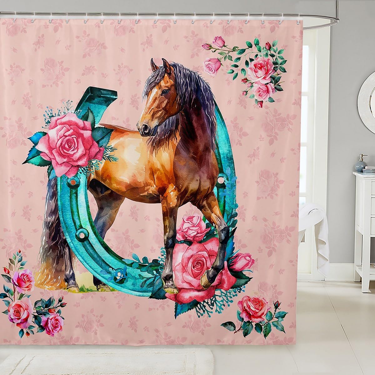 Feelyou Girls Horse Shower Curtain Pink Floral 72x72