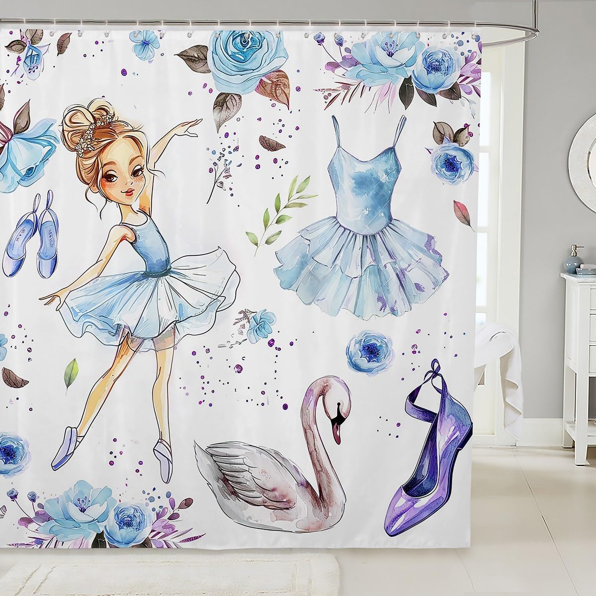 Ballet Dance Girl 72 Shower Curtain with 12 Hooks Dreamy Swans Flowers