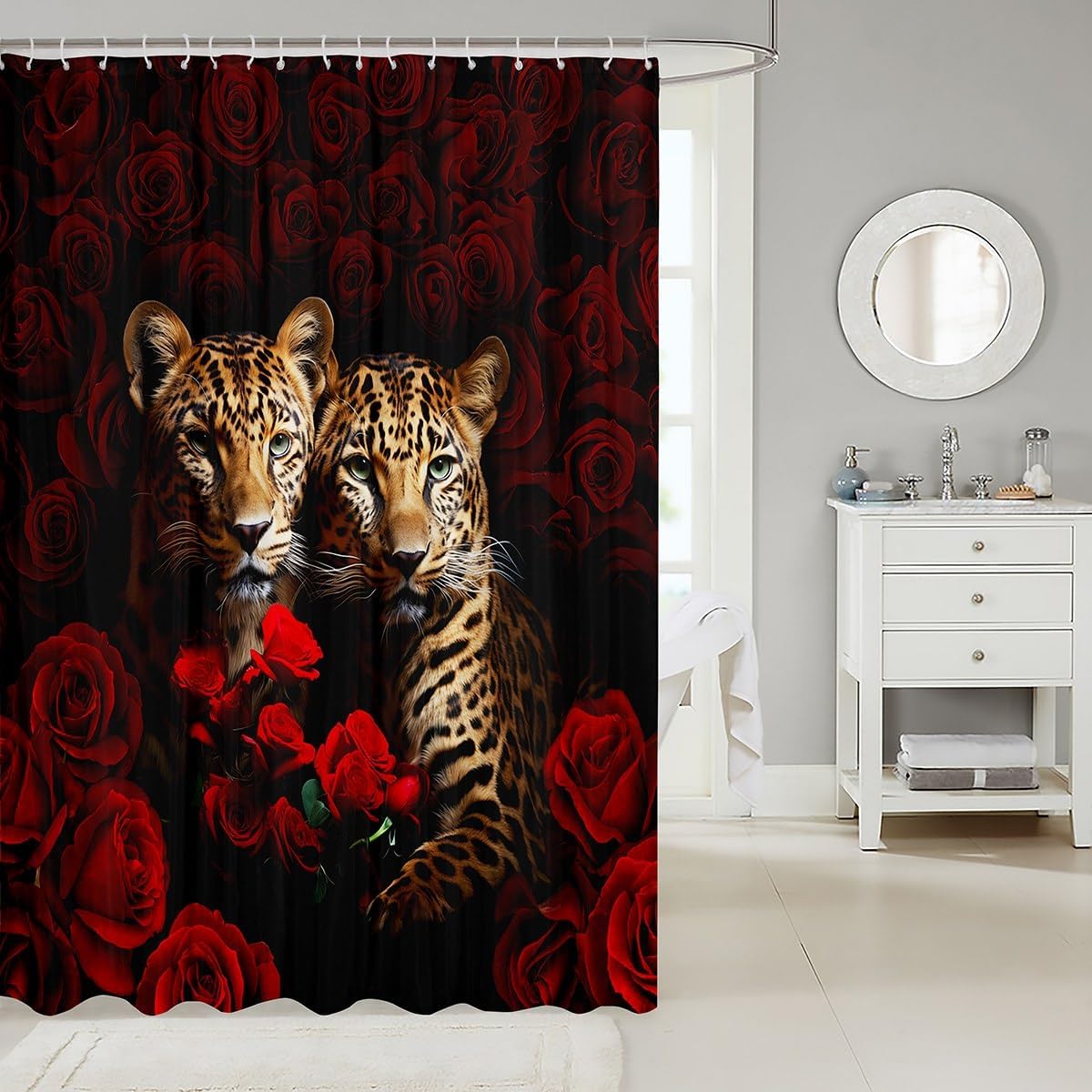 Kids Cheetah Valentines Day Shower Curtains Red Rose 72x72