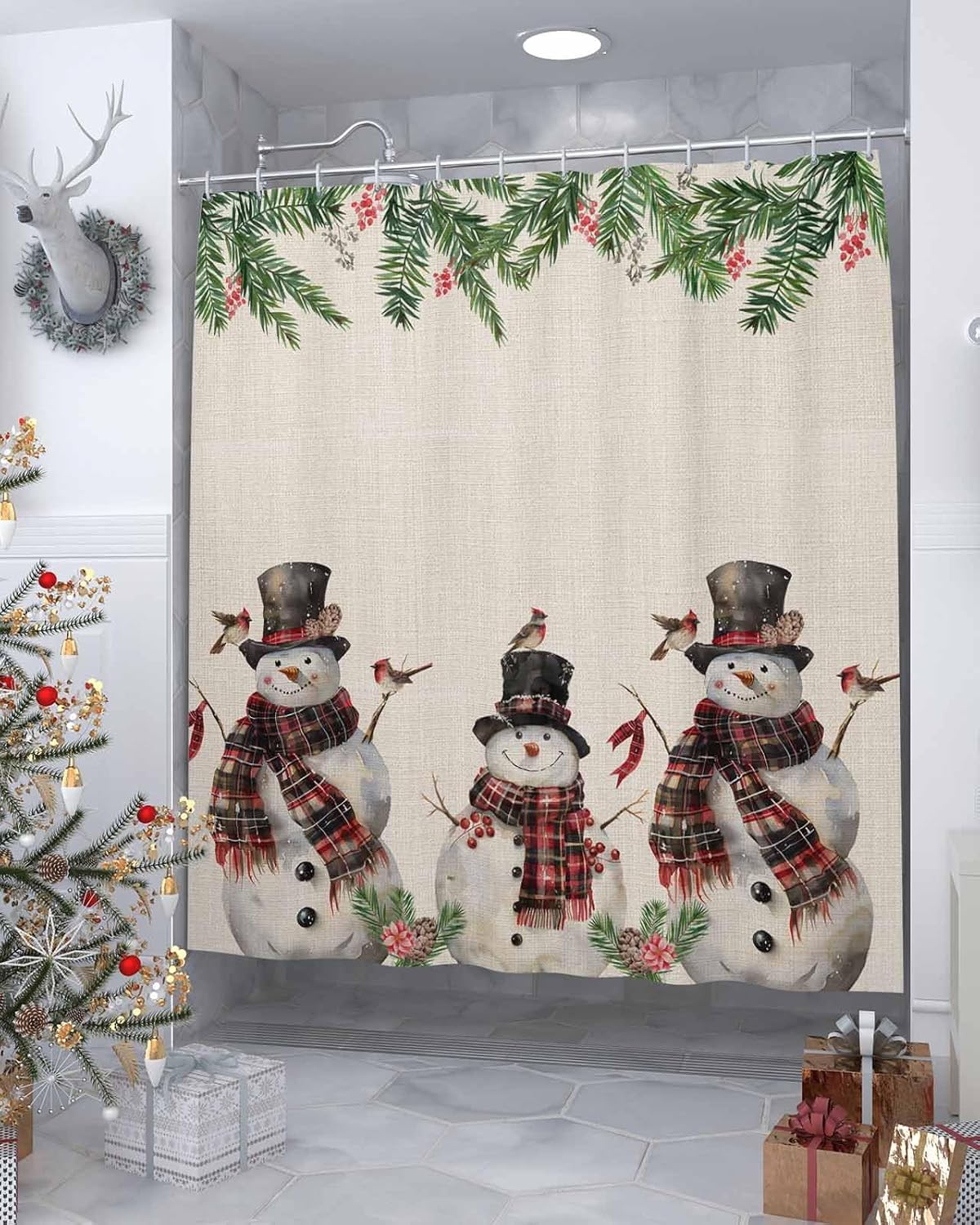 Anzona Christmas Snowman Waterproof Shower Curtain Set