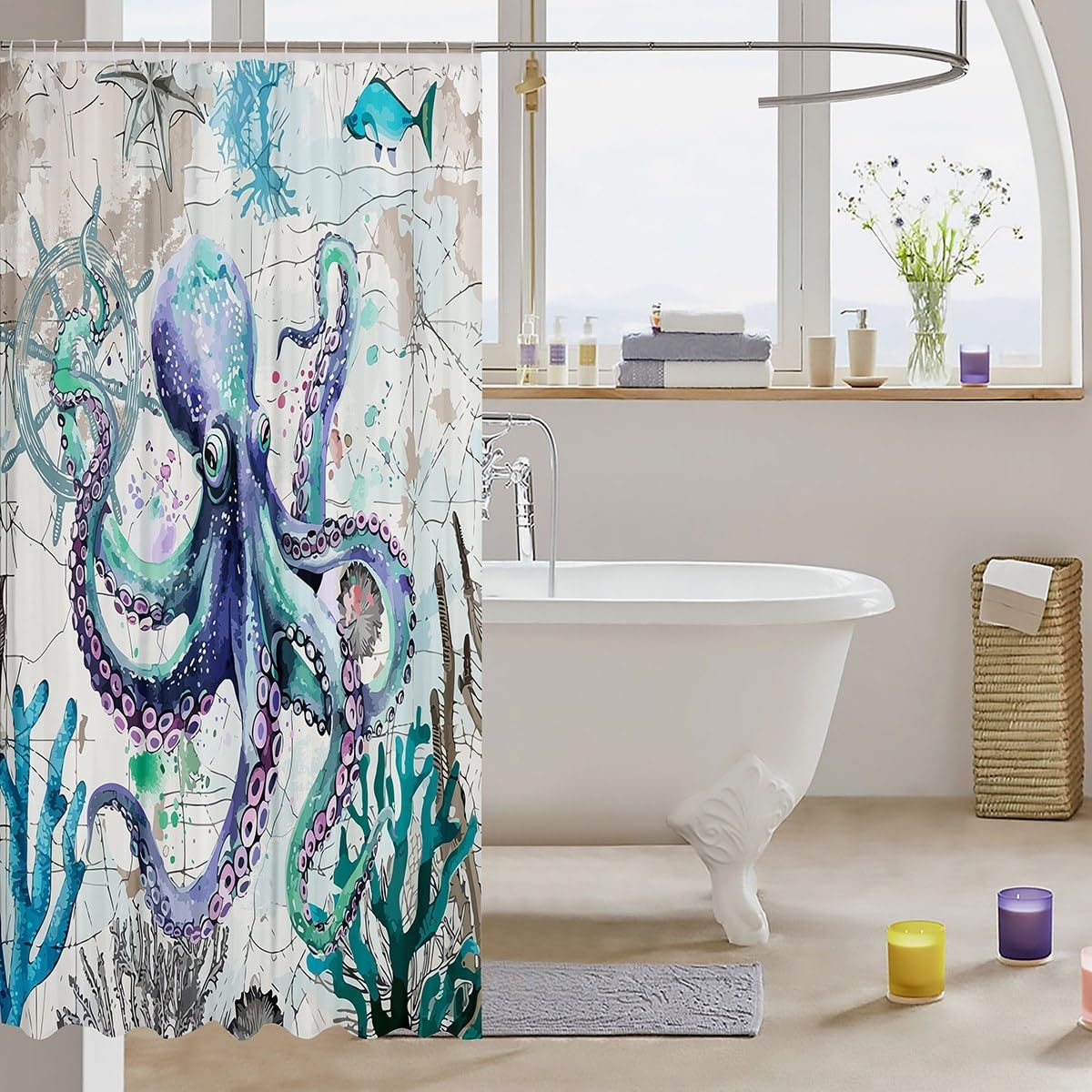 Feelyou Octopus Fabric Shower Curtain with 12 Hooks