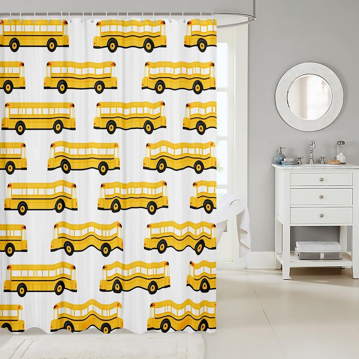 Bring Vivacity to Your Bathroom with the RezsoyeN Yellow Bus Shower Curtain Set