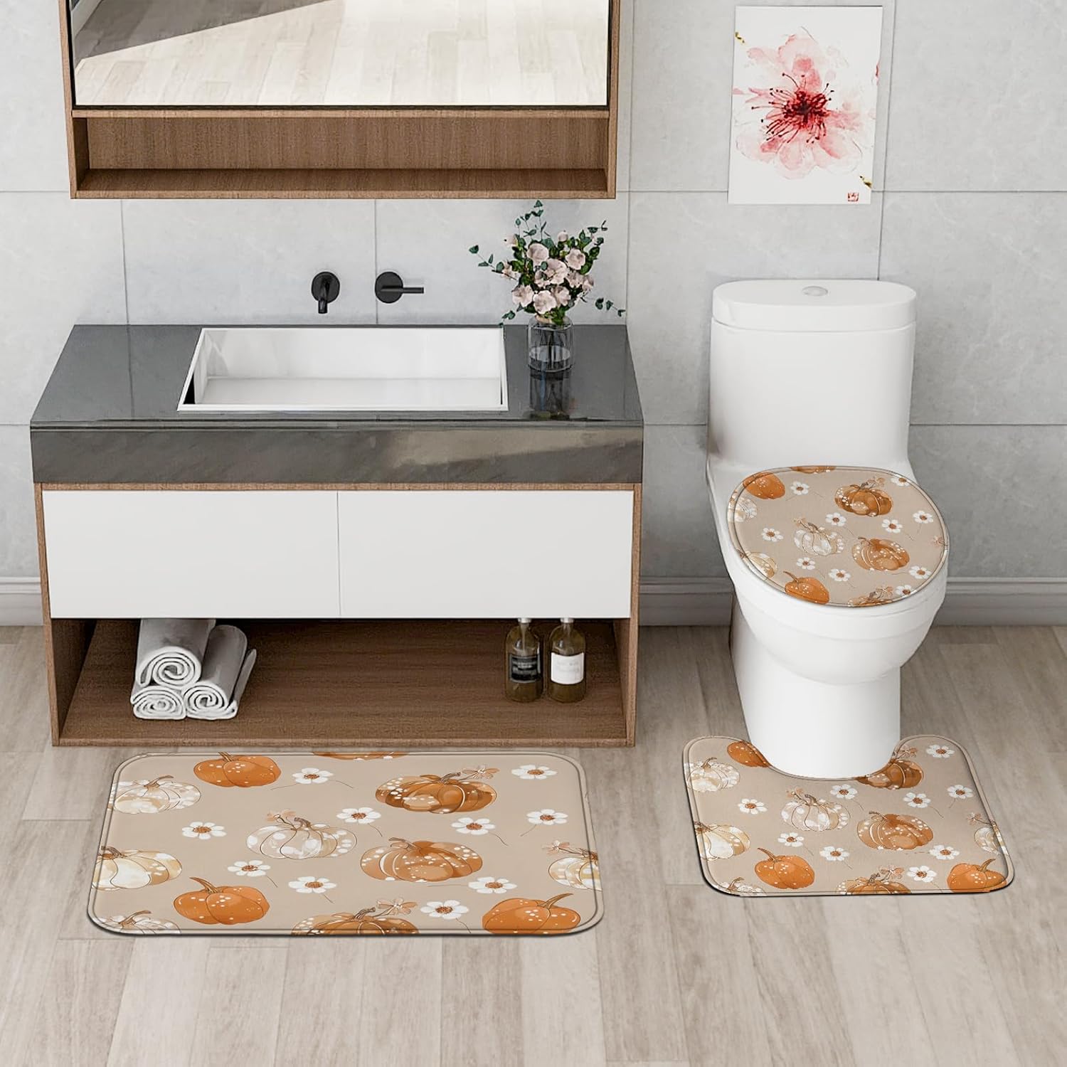 4PCS Fall Dot Pumpkin Shower Curtain Set with 72 x 72 Mat
