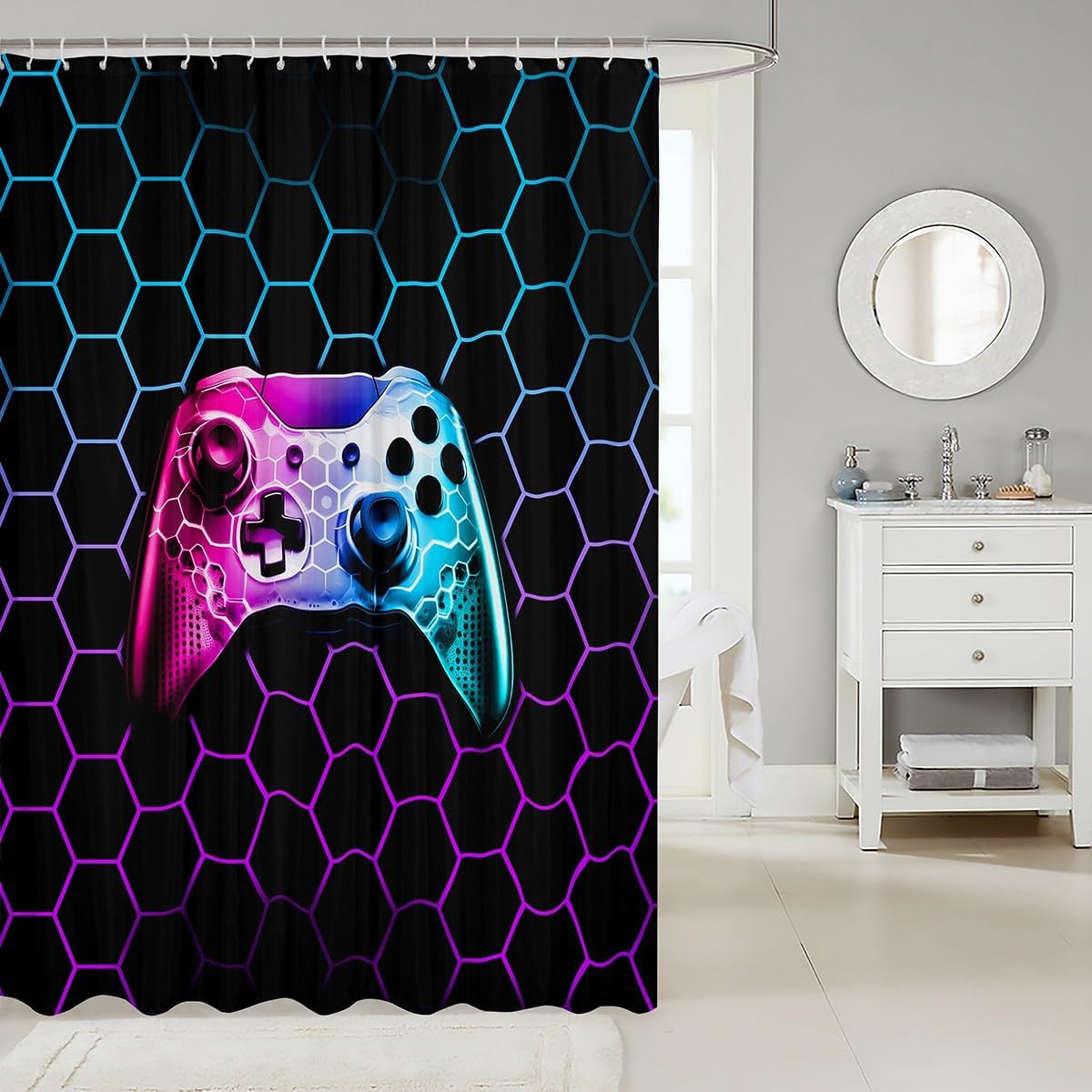 Gamepad Shower Curtain with Geometric Pattern Waterproof Stylish Adult Game Pad