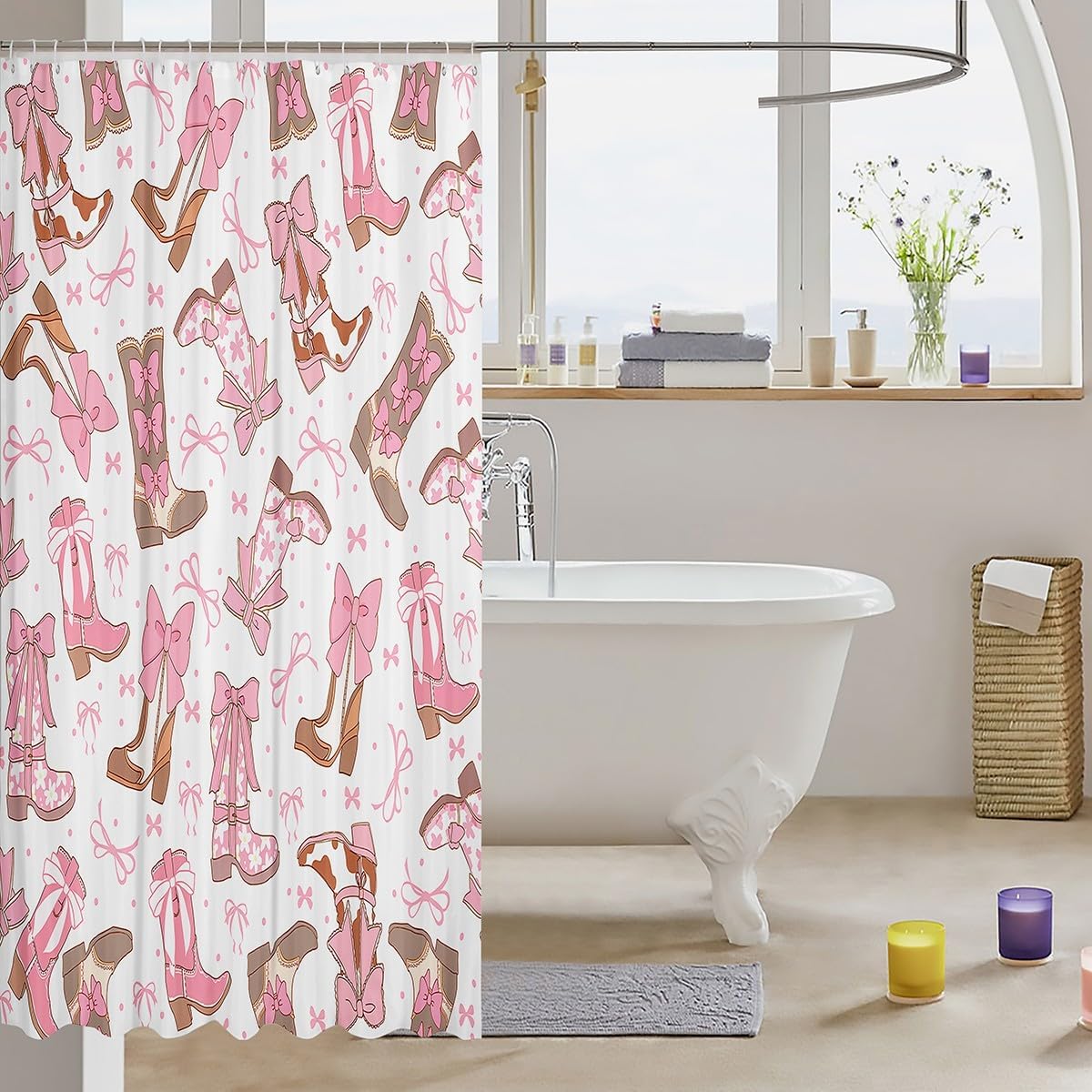 Feelyou Pink Western Bath Curtain Cowgirl Cowboy Boots