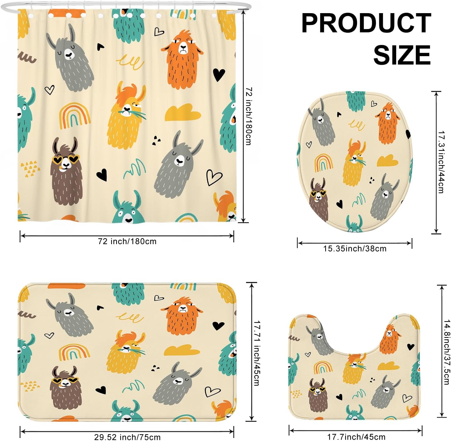 4PCS Cartoon Llama Bath Set with Non-Slip Rug U Toilet Covers