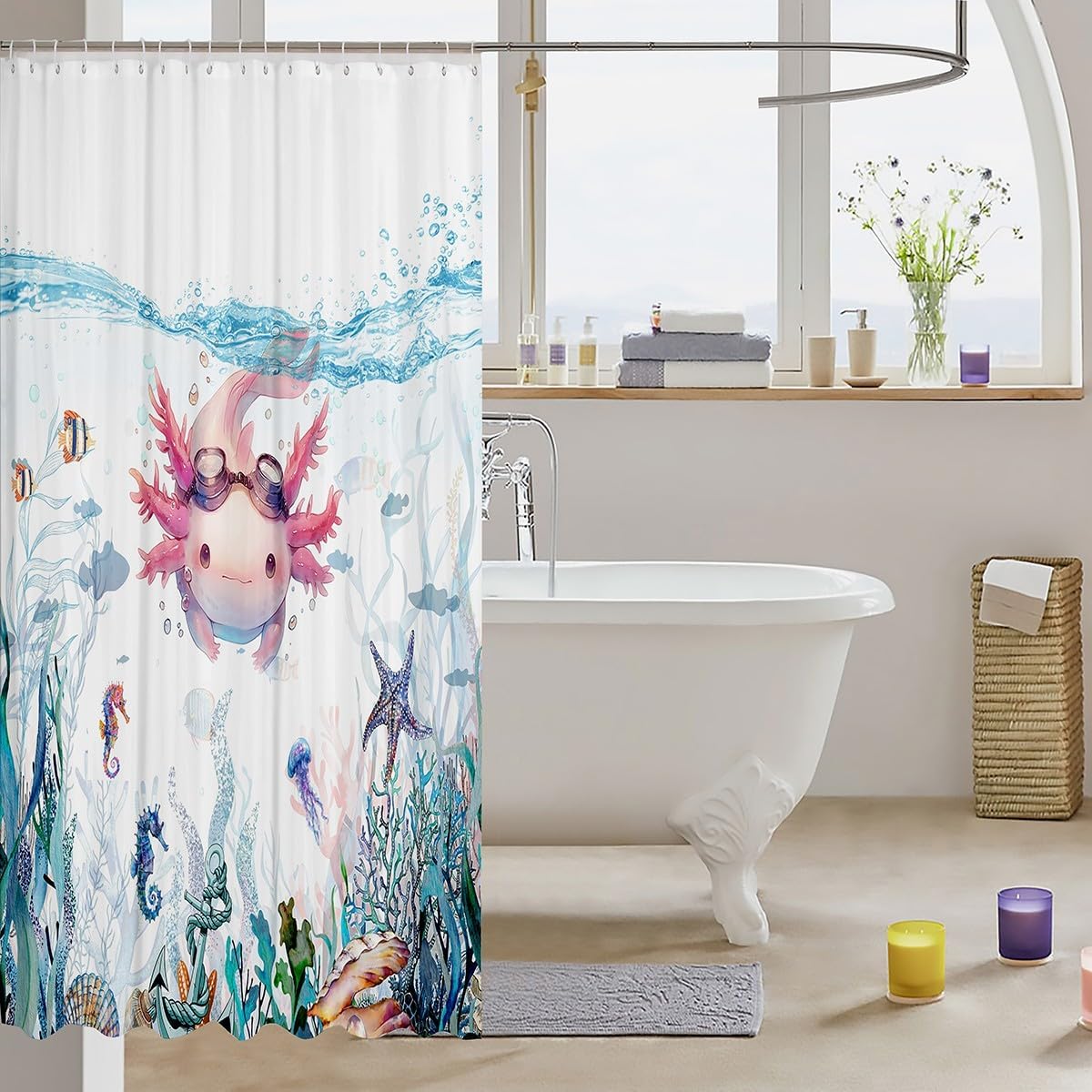 Feelyou Cute Axolotl Digital Printing shower curtain set for kids