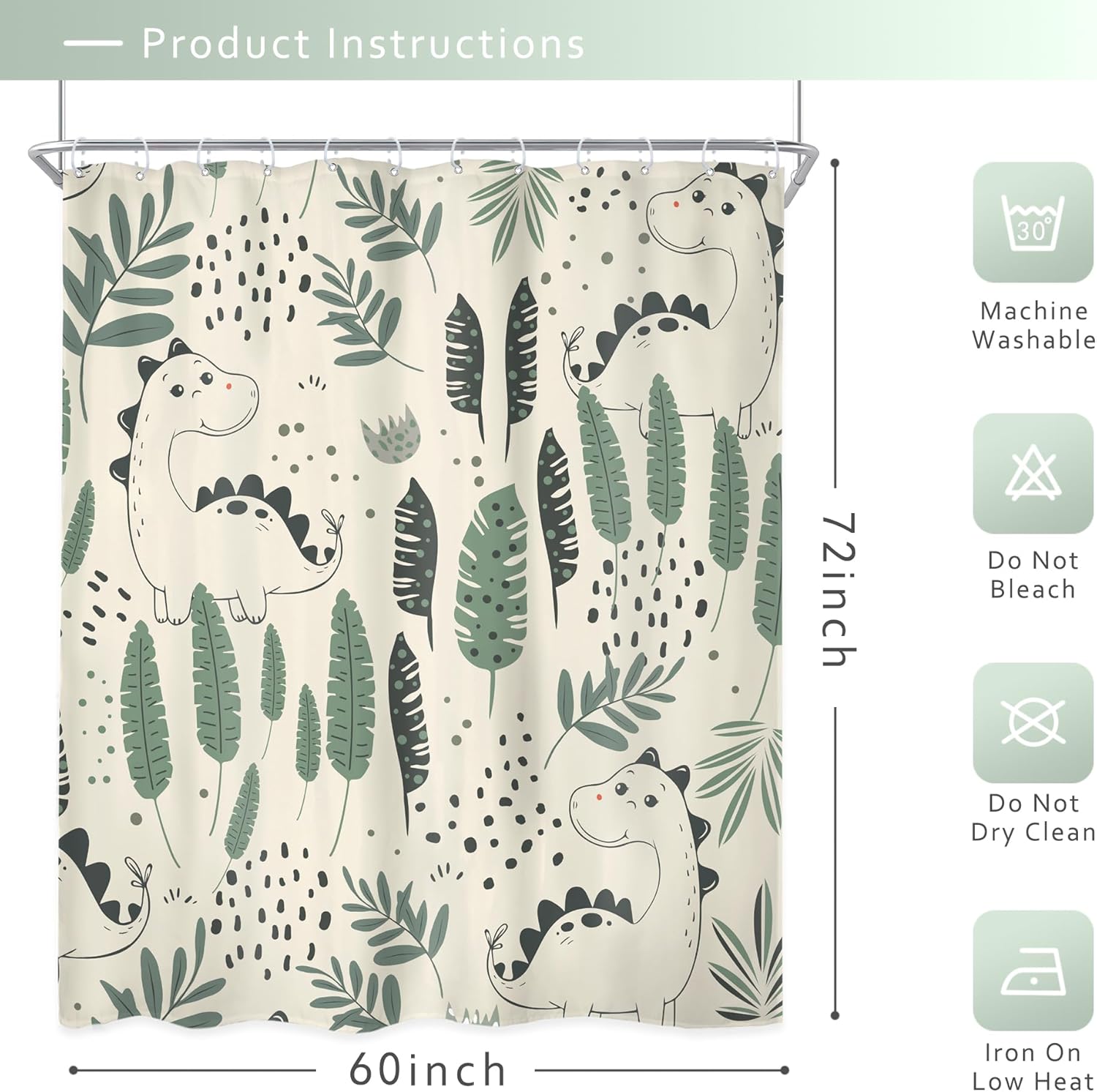 Kids Funny Dinosaur Bathroom Curtain Set 72x72