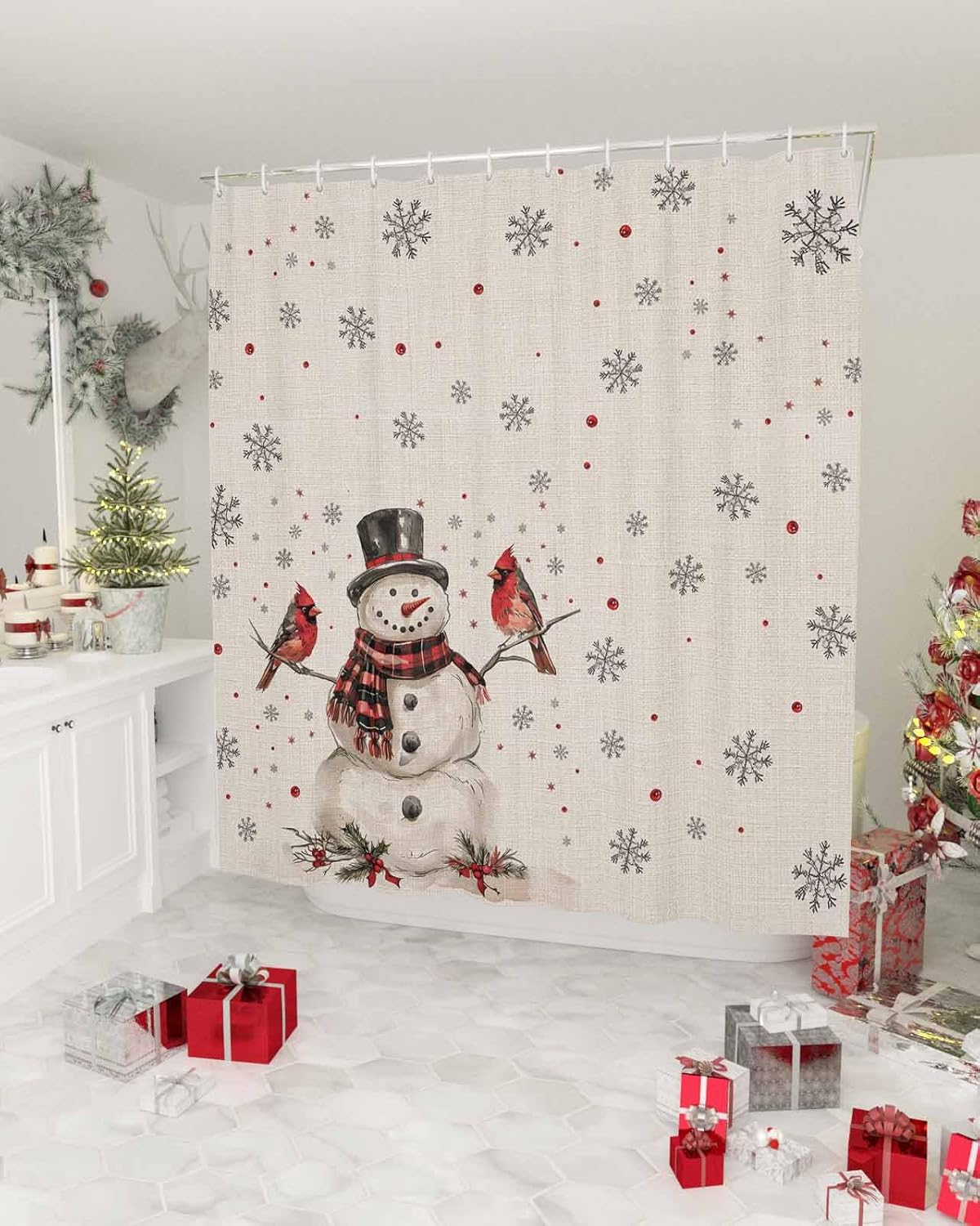 JasmineM Christmas Snowman Snowflake Shower Curtain Set