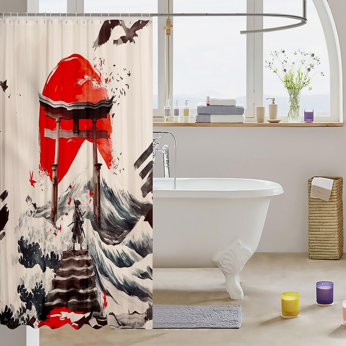 Jejeloiu Japanese Traditional Pattern Samurai Bath Curtain 72x78 inches