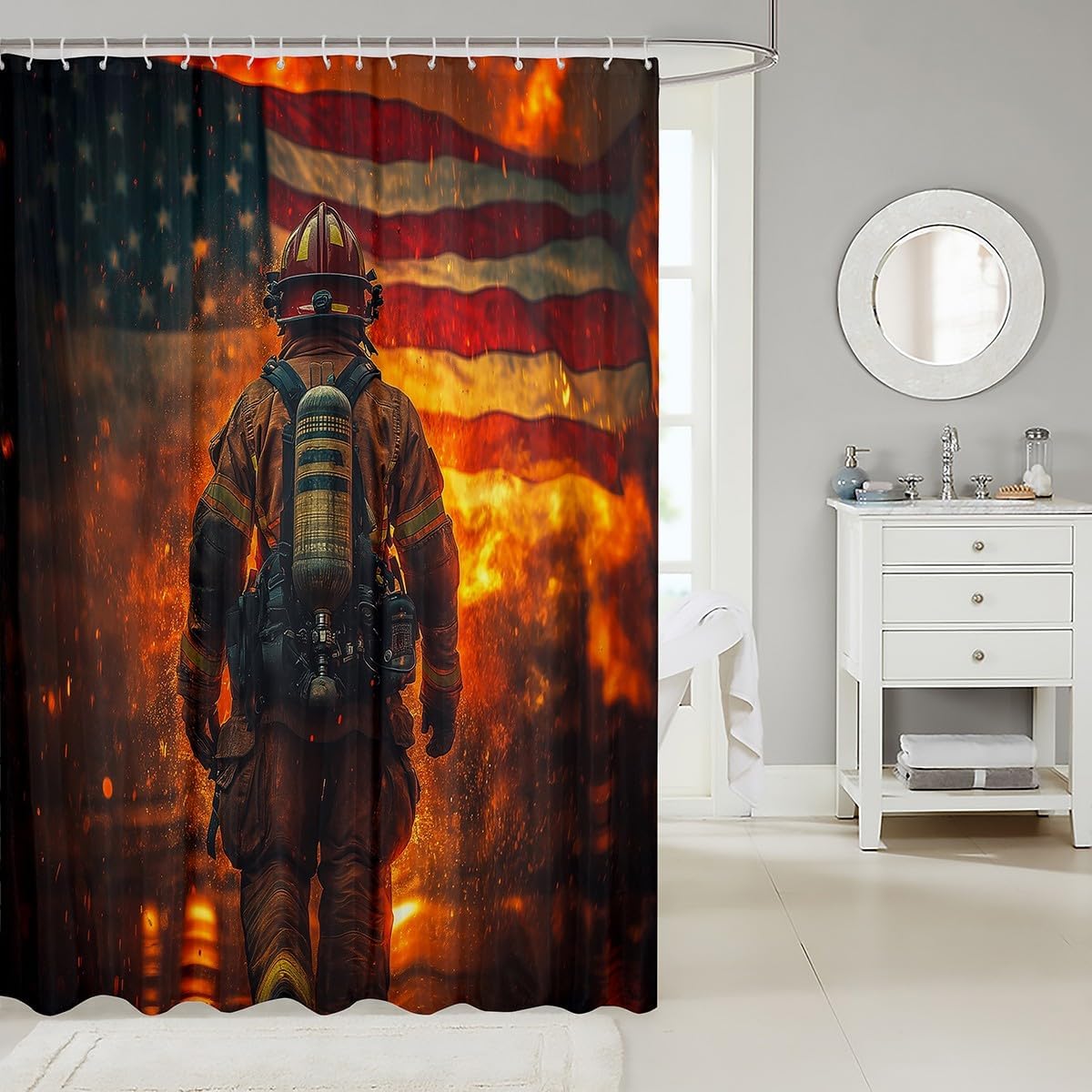 Firefighter-Themed American Flag Bath Shower Curtain 72x84