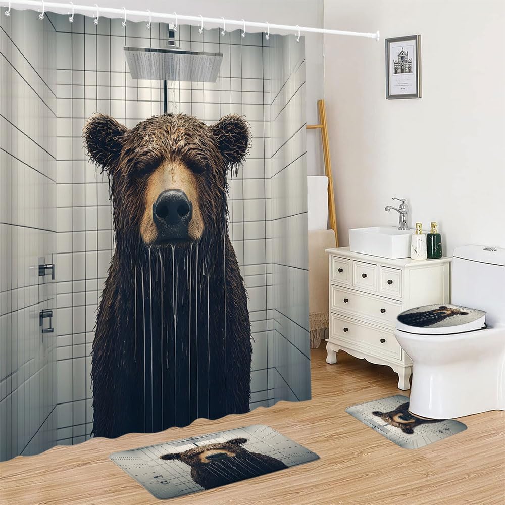 4-pc Funny Bear Bathroom Set with Modern Brown Design