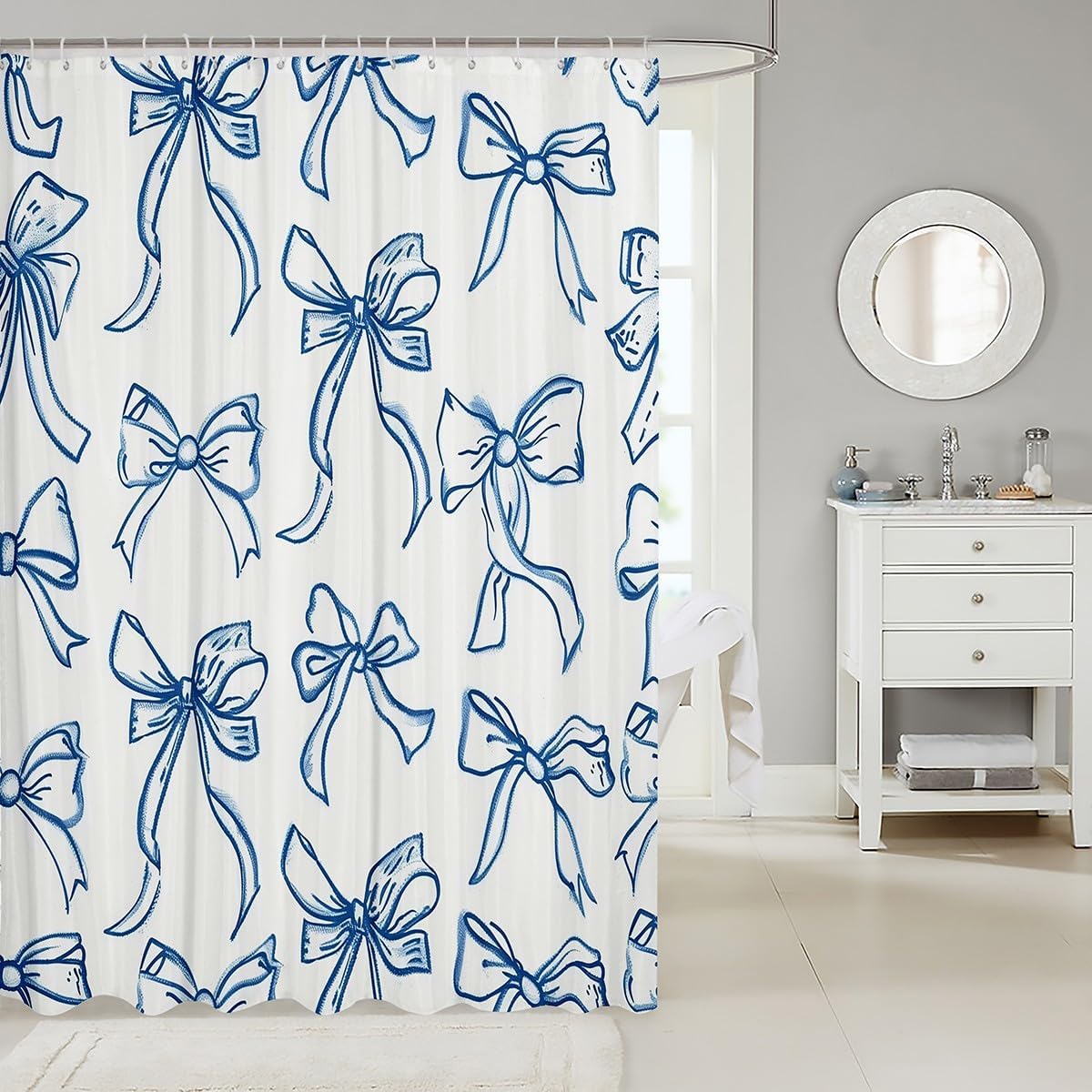 Feelyou Blue Bow Fabric Shower Curtain Cute Bowknot for Kids Boys Girls