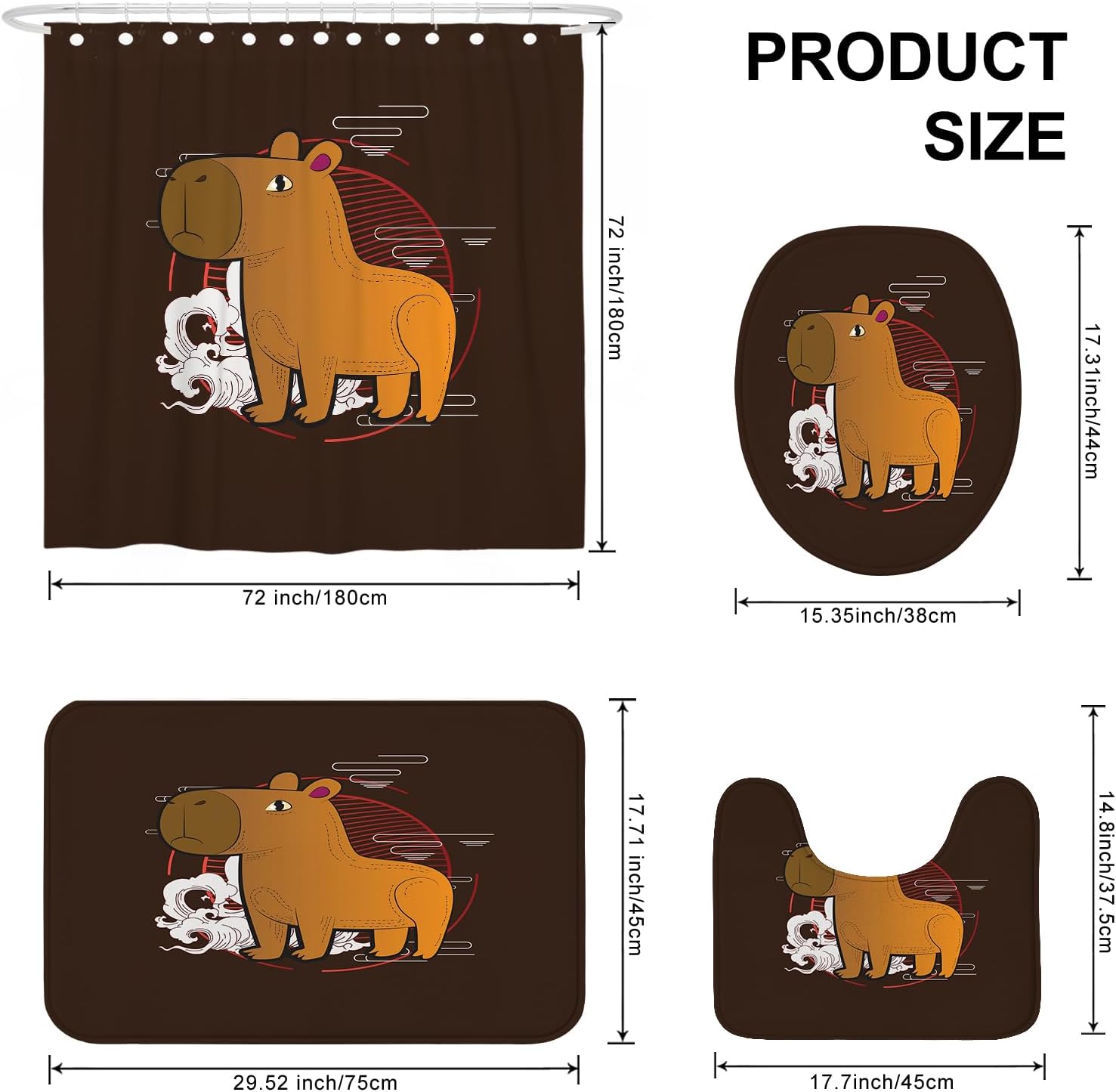 4PCS Brown Cartoon Fun Capybara Shower Curtain Sets