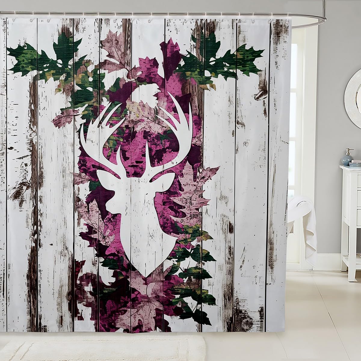 Deer Hunting Shuffleboard Pink Camo Bathroom Shower Curtain Set 72x72