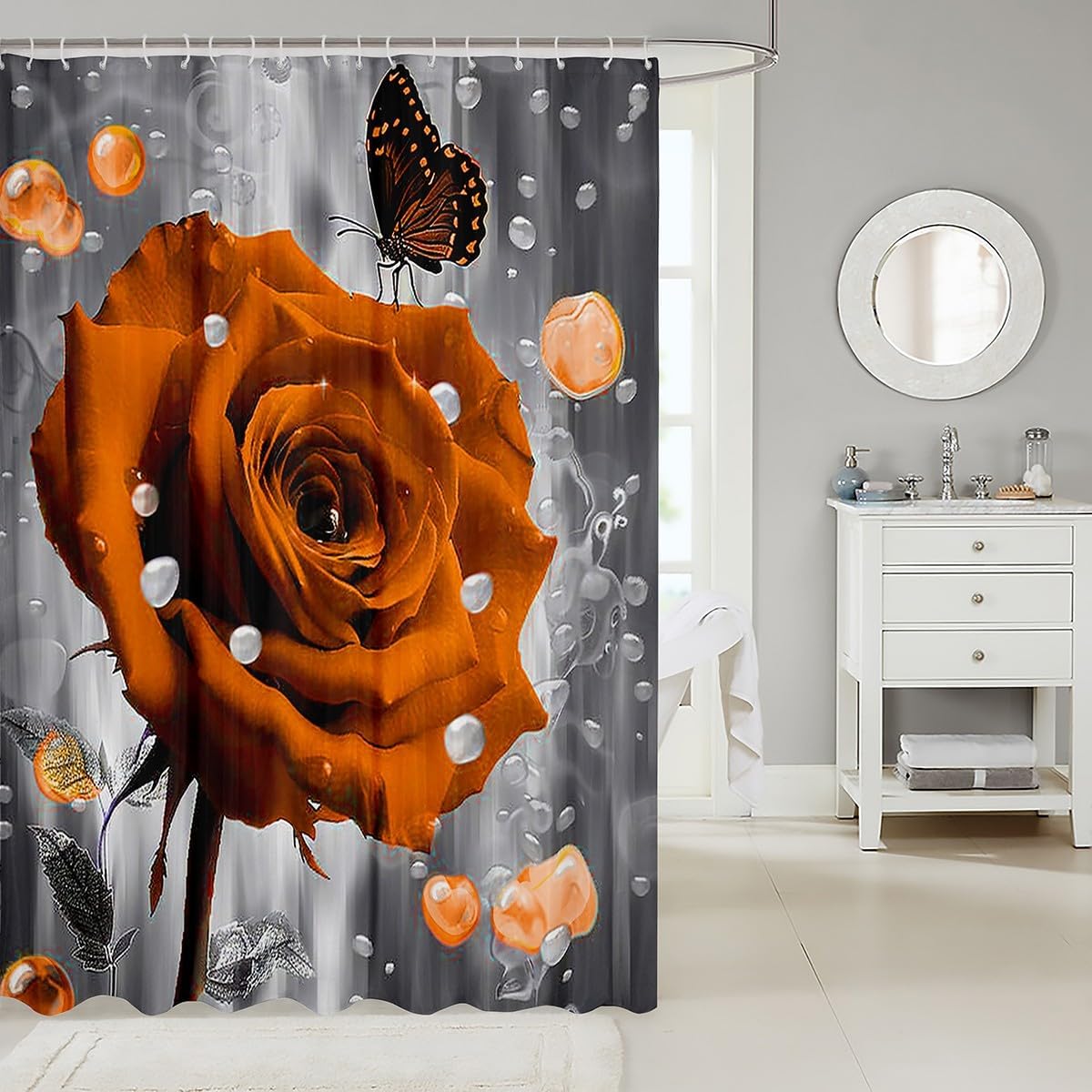 Feelyou Kids Orange 3D Rose 72x78 Butterfly Bath Curtain for Boys Girls