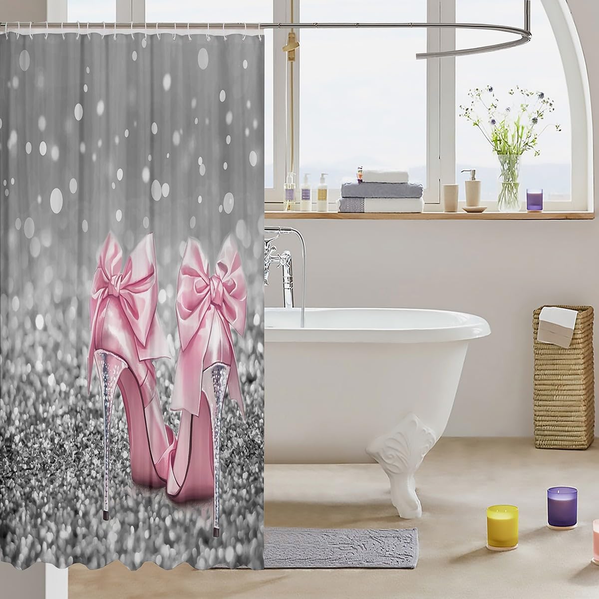 Manfei Glitter Pink High-Heels Shower Curtains