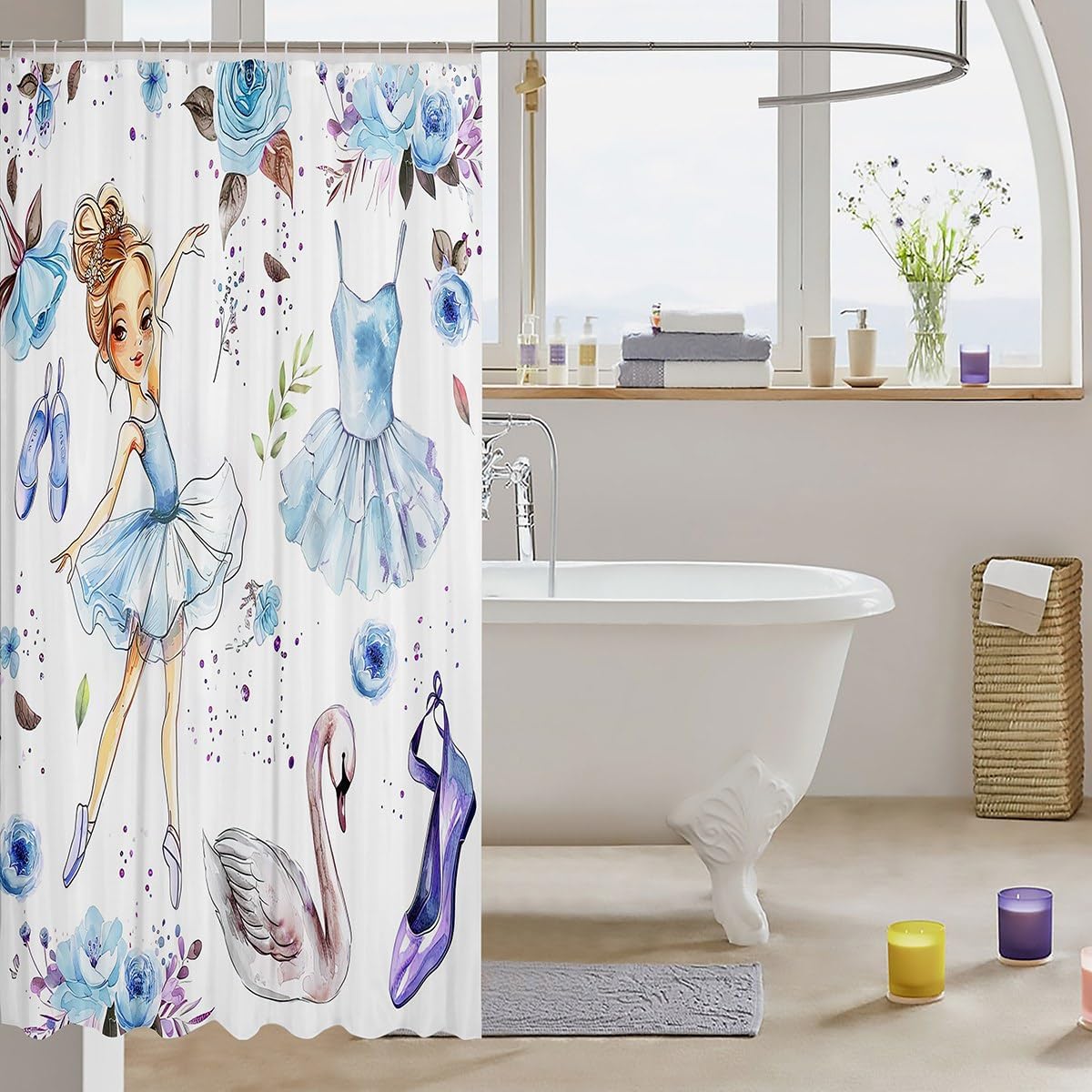 Ballet Dance Girl 72 Shower Curtain with 12 Hooks Dreamy Swans Flowers