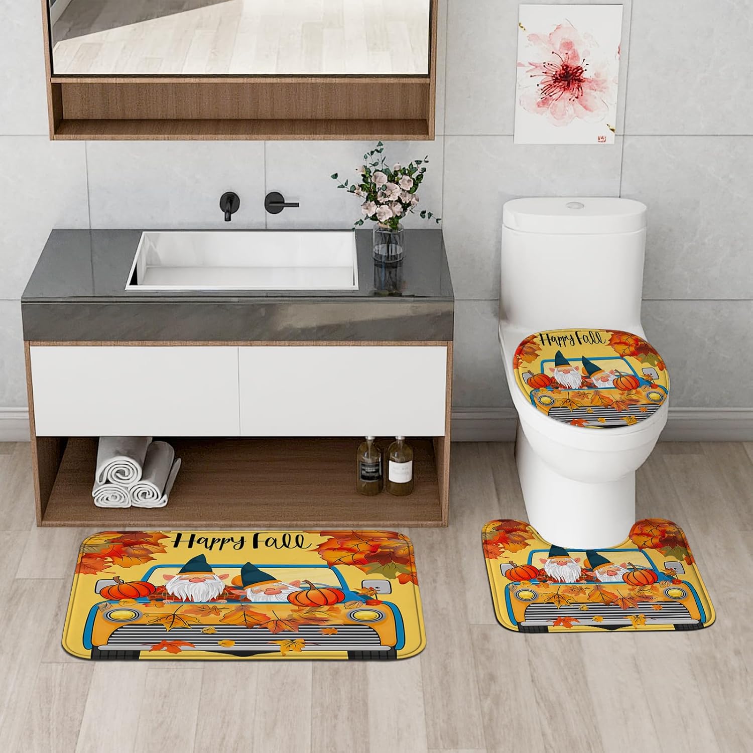4PCS Fall Kids Gnome Shower Curtain Set with Hooks