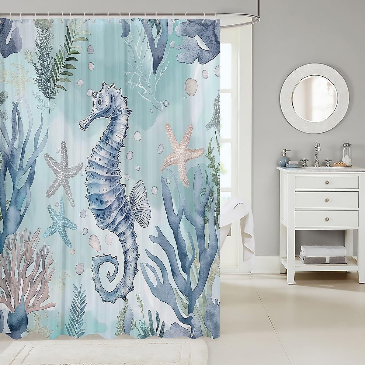 Seahorse Bath Curtain Set Ocean Marine Kids Decor