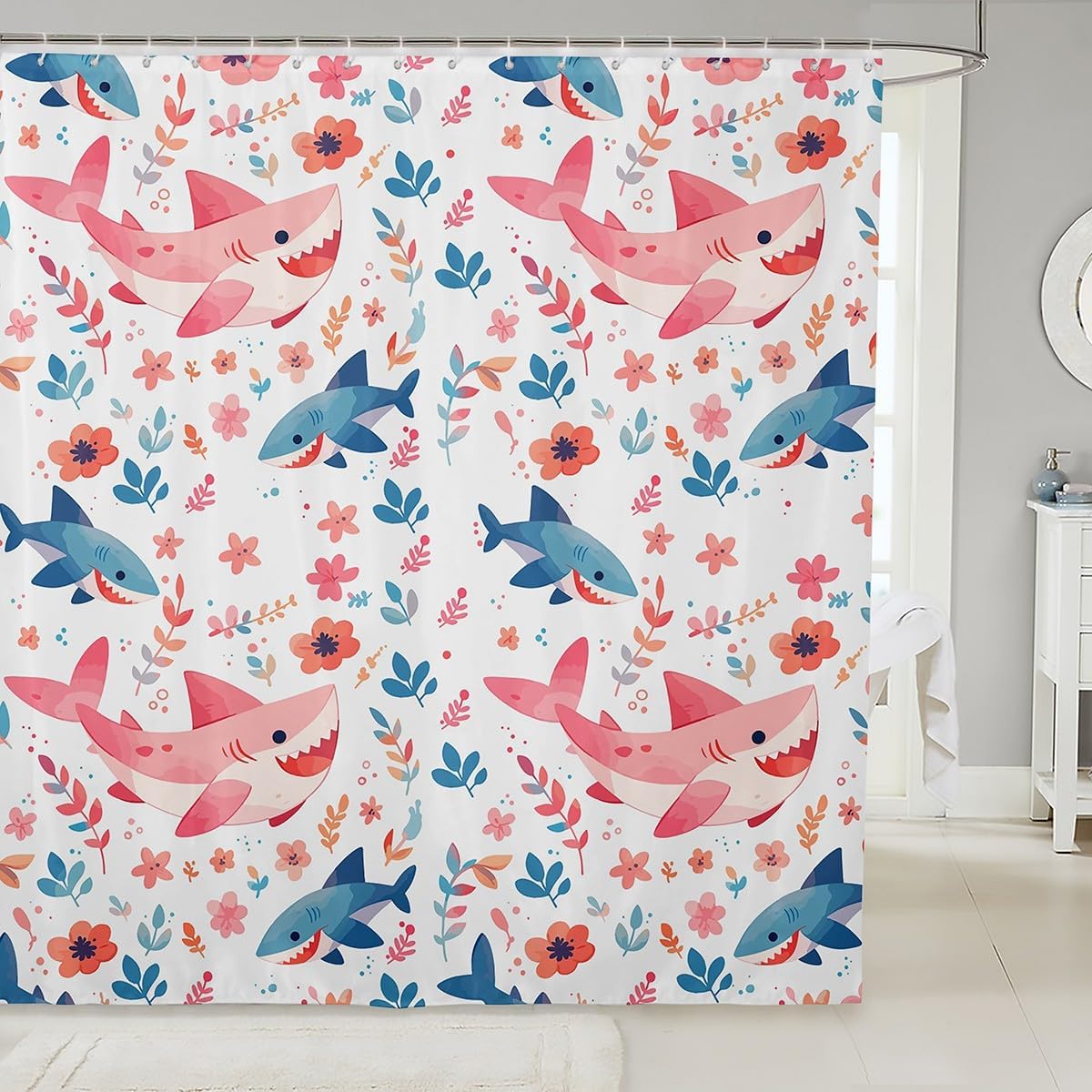 Jeffeloiu Blue Pink Shark Bath Curtain