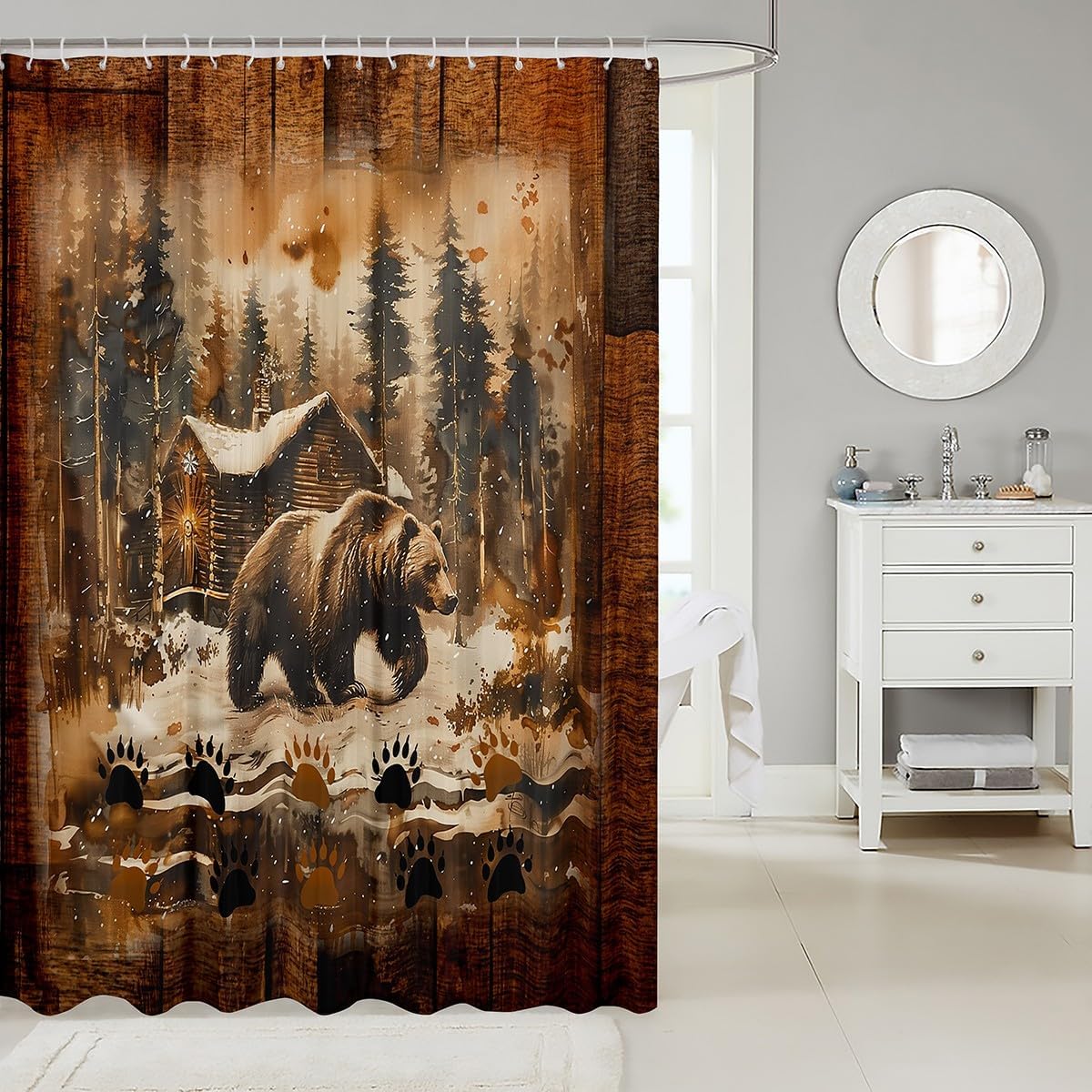 Matching Set Rustic Bear Bath Curtain Kids Bruins 72x72 Durable Microfiber