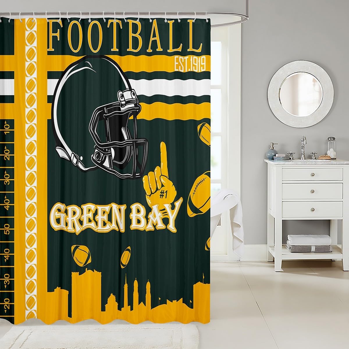 Feelyou 72x72 Green Bay Football Bath Curtain Easy Setup for Home Use