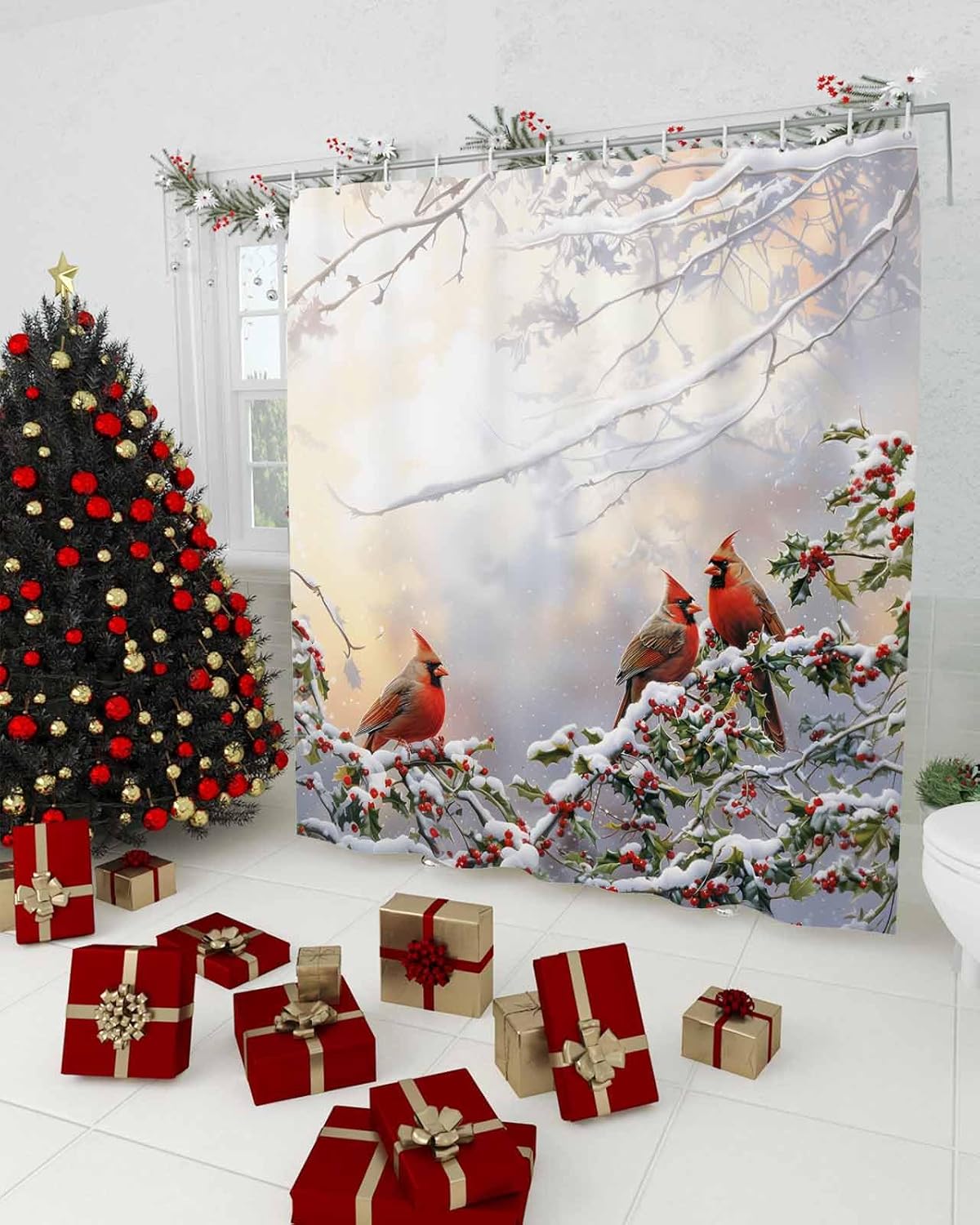 High-Quality Waterproof Bath Shower Curtain with Rustic Winter Birds Design