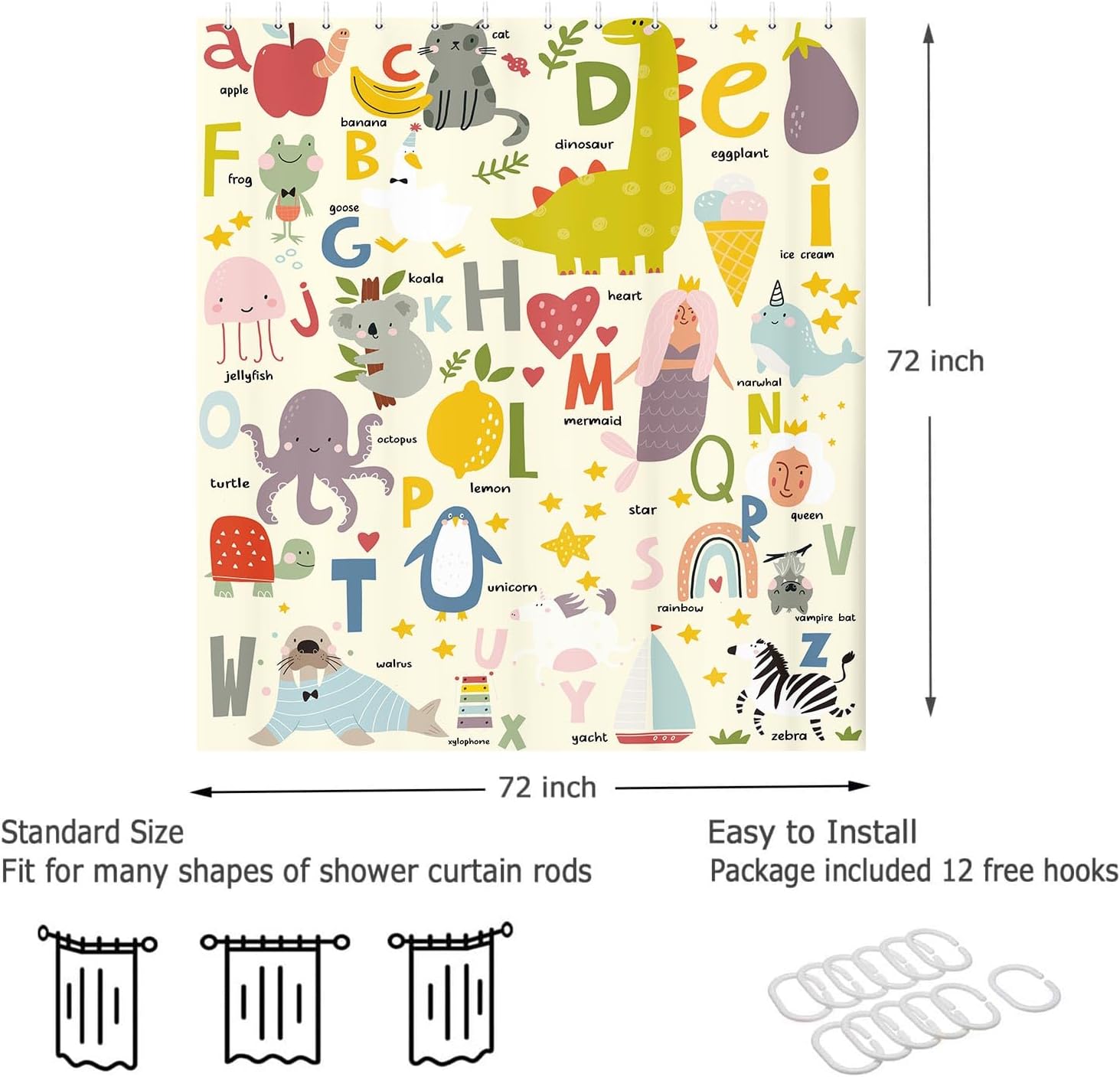 JAWO Kids ABC Learning Shower Curtain Set
