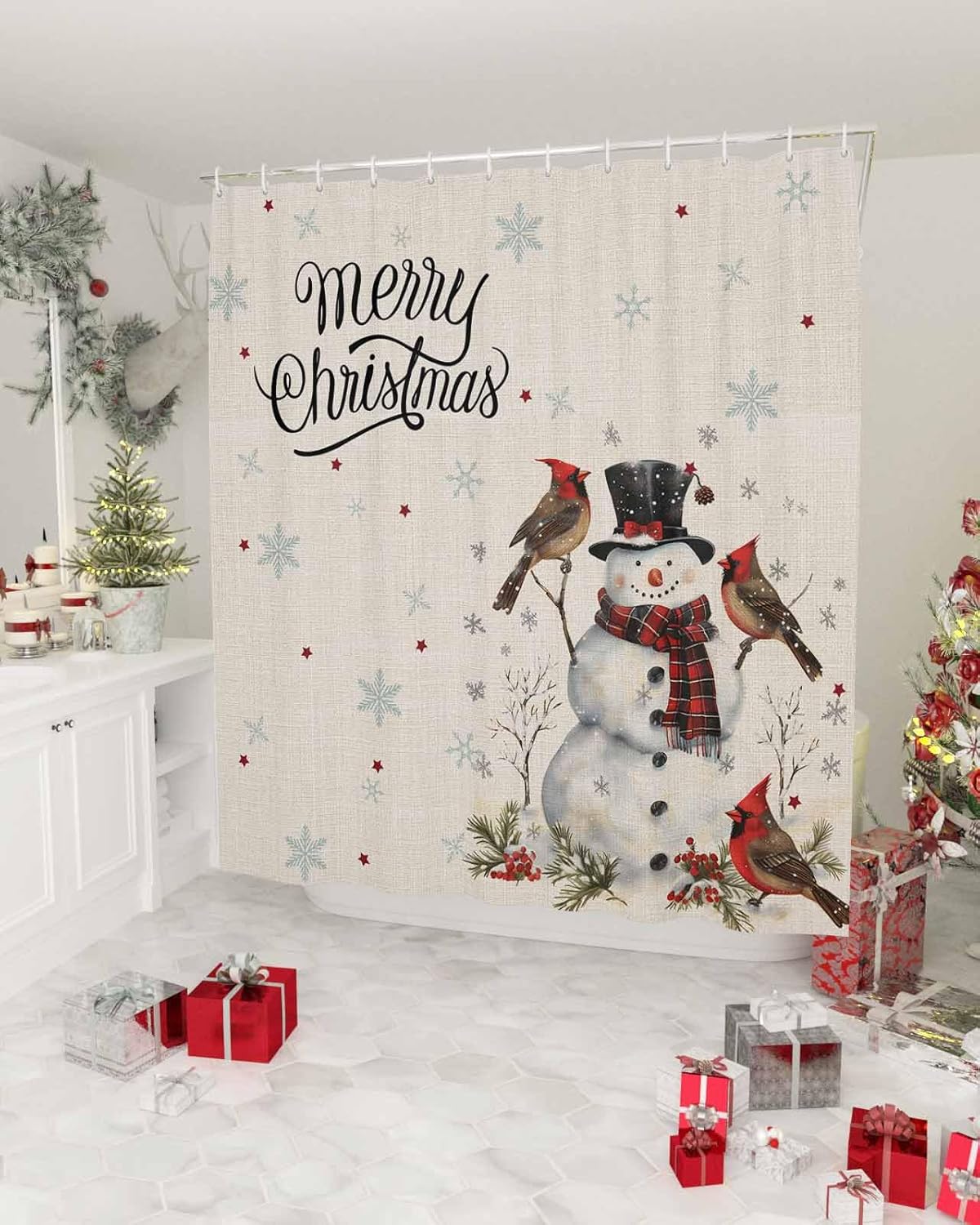 Anzona Beige Christmas Snowman Waterproof Shower Curtain