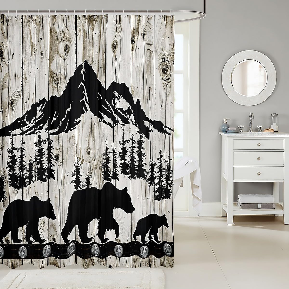 Manfei Bear Shower Curtain Set with 12 Hooks Black Tree Design