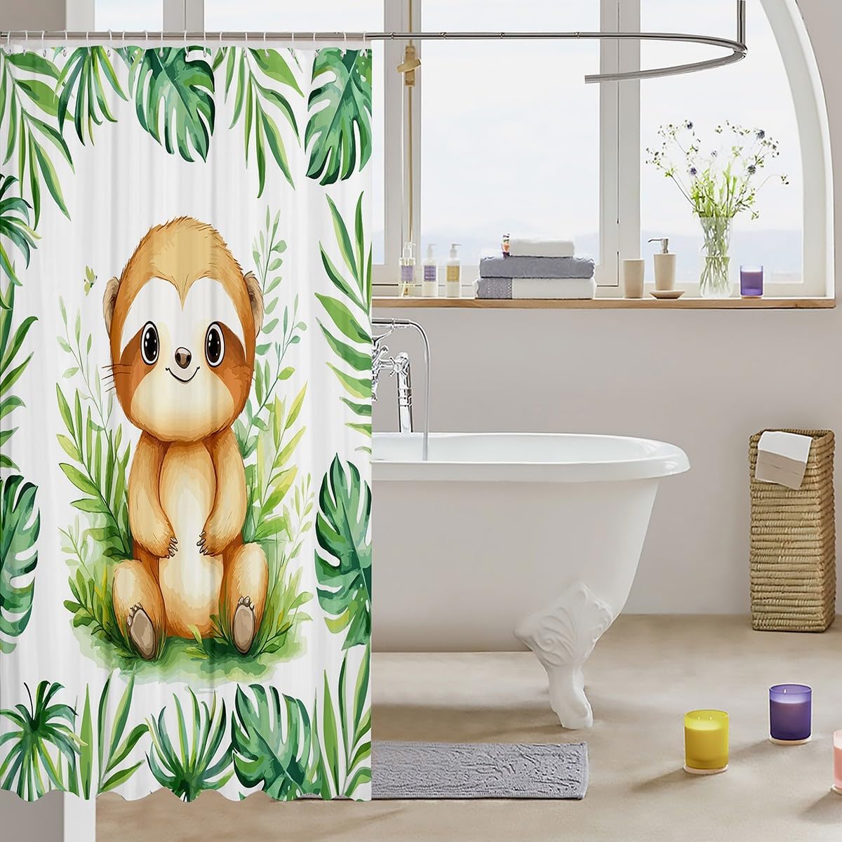 Manfei Kawaii Sloth - Tropical Leaves Plant Bath Curtain Set for Home Travel