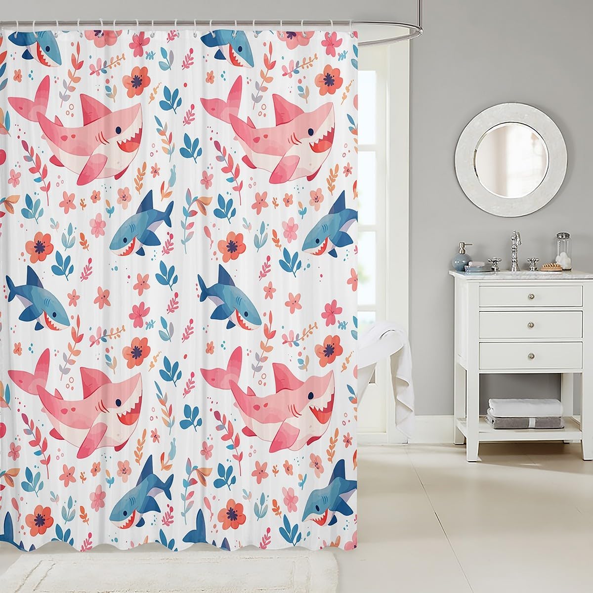 Jeffeloiu Blue Pink Shark Bath Curtain