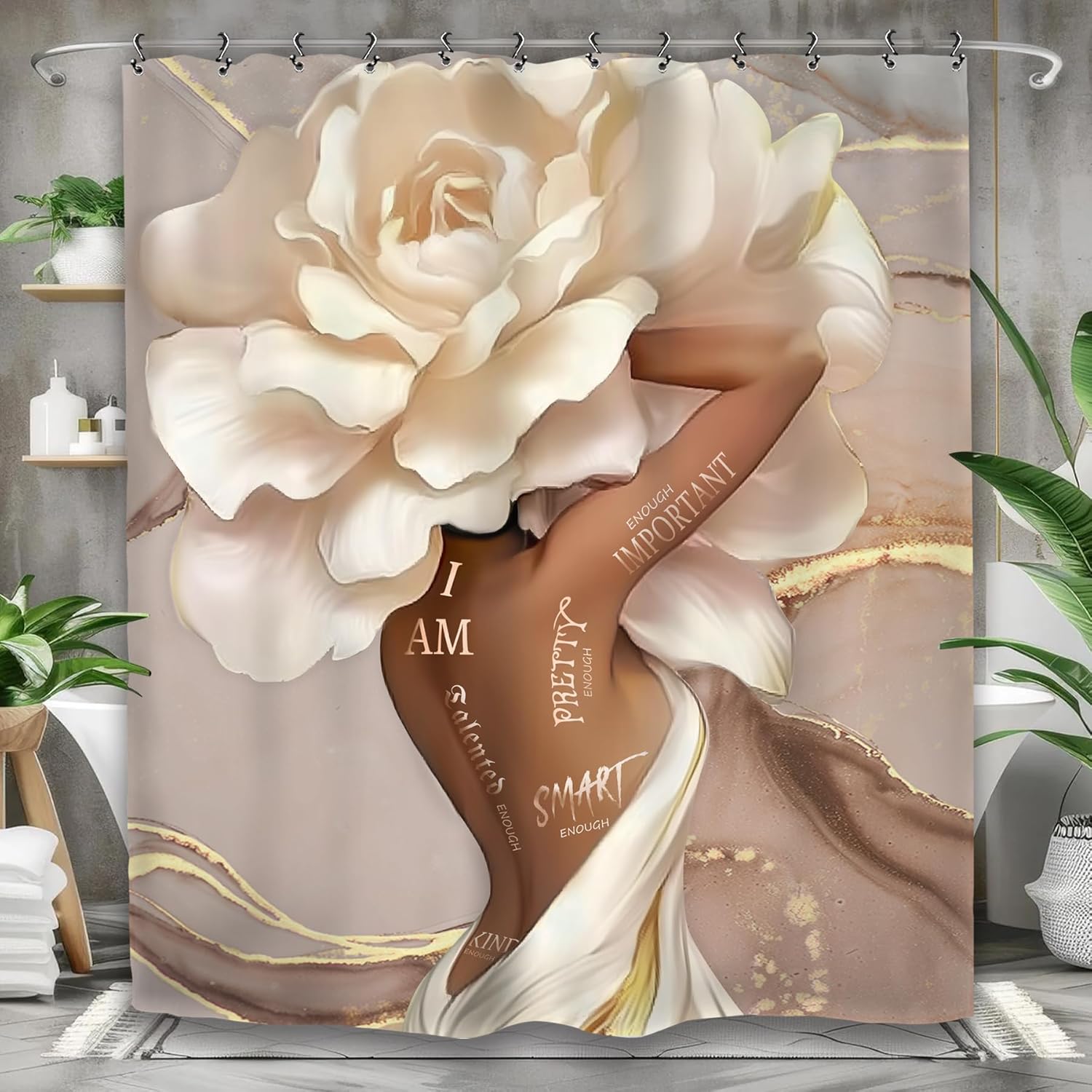 Yookeb African American Flower Bathroom Show Curtain 60x71 In Black