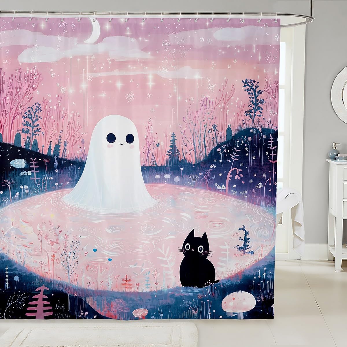 Manfei Kawaii Ghost Cat Waterproof Shower Curtain Set