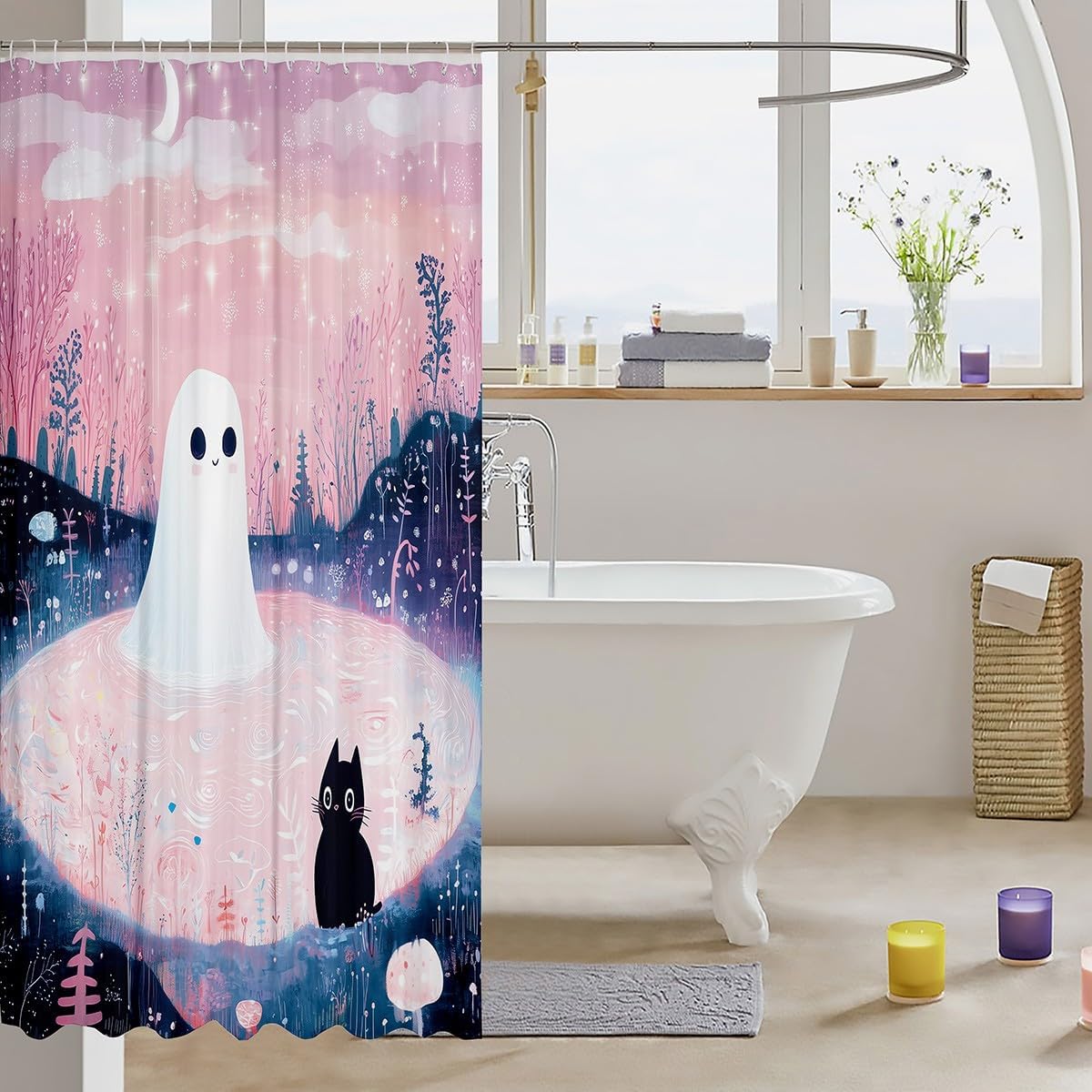 Manfei Kawaii Ghost Cat Waterproof Shower Curtain Set