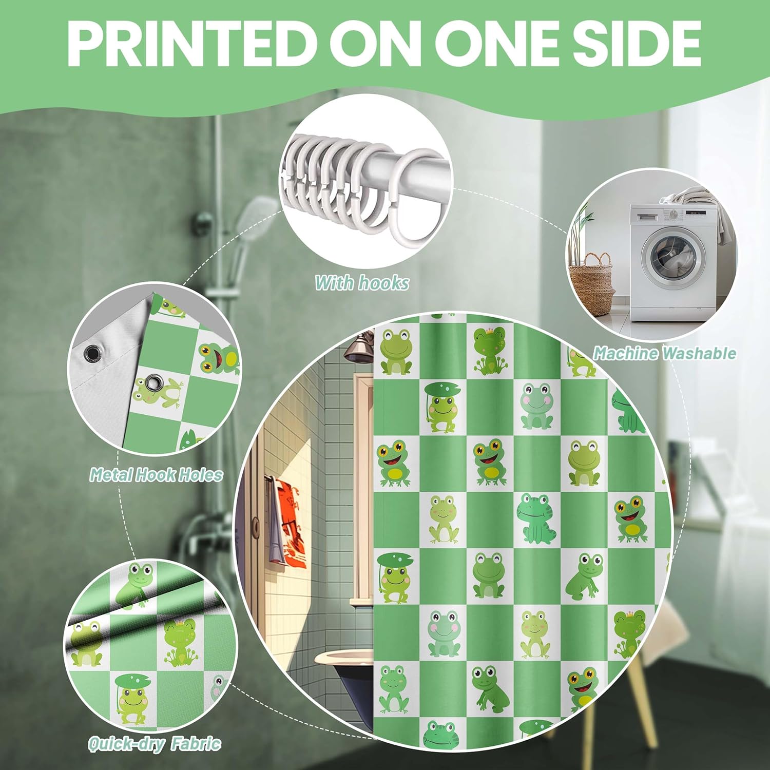 Frog Shower Curtain Green Checkered Kids Bathroom Decor
